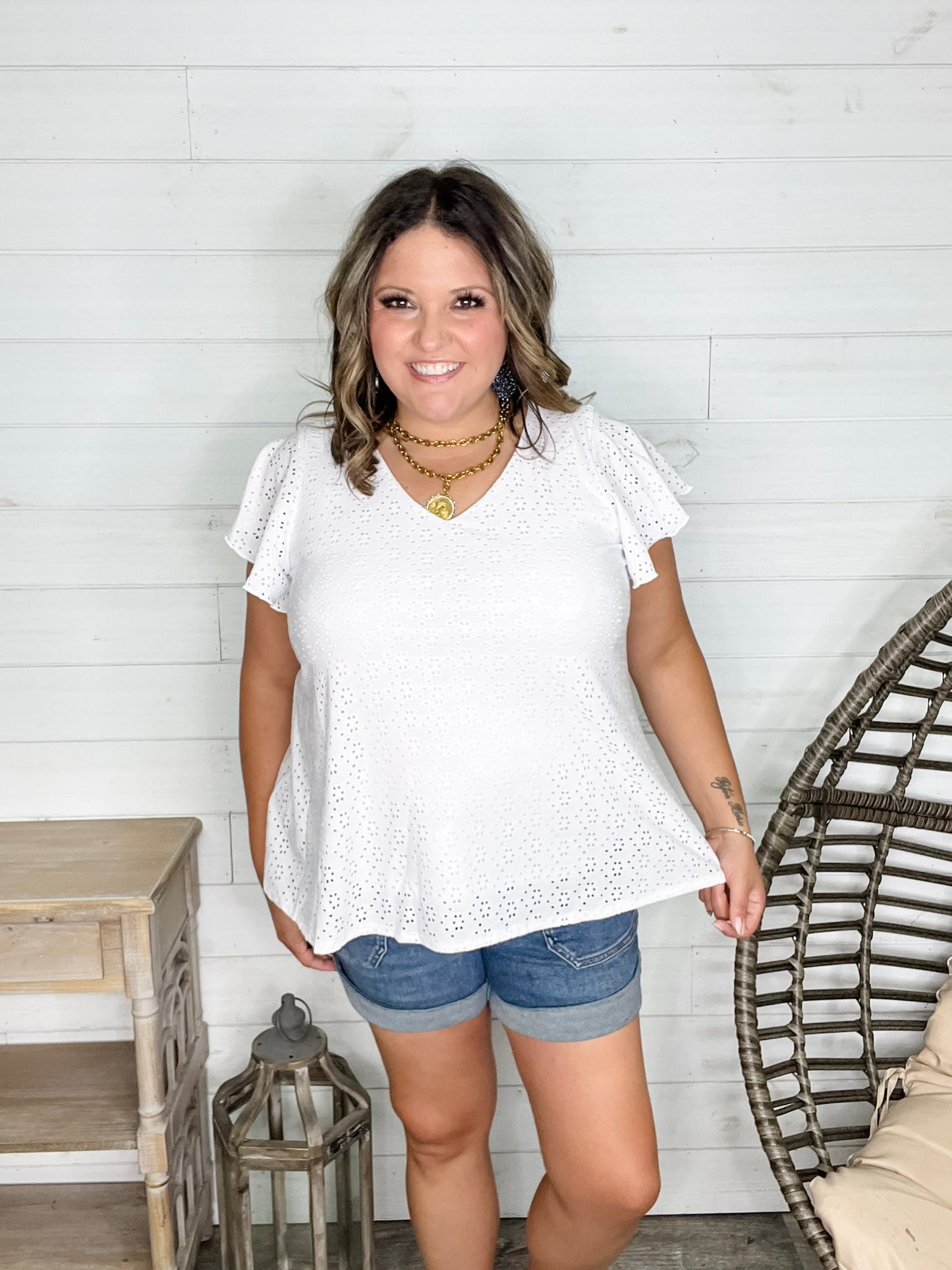 "Counting On It" Eyelet Ruffle Cap Sleeve (White)