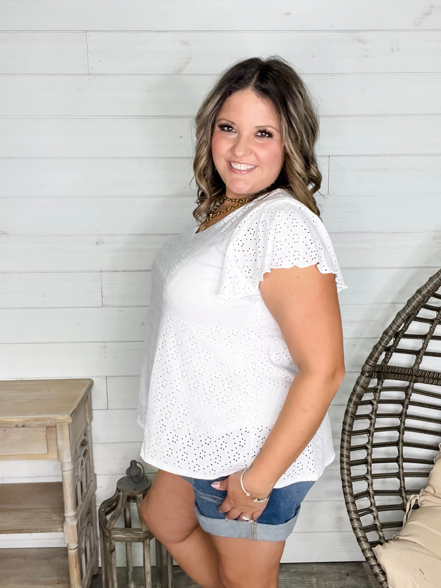 "Counting On It" Eyelet Ruffle Cap Sleeve (White)