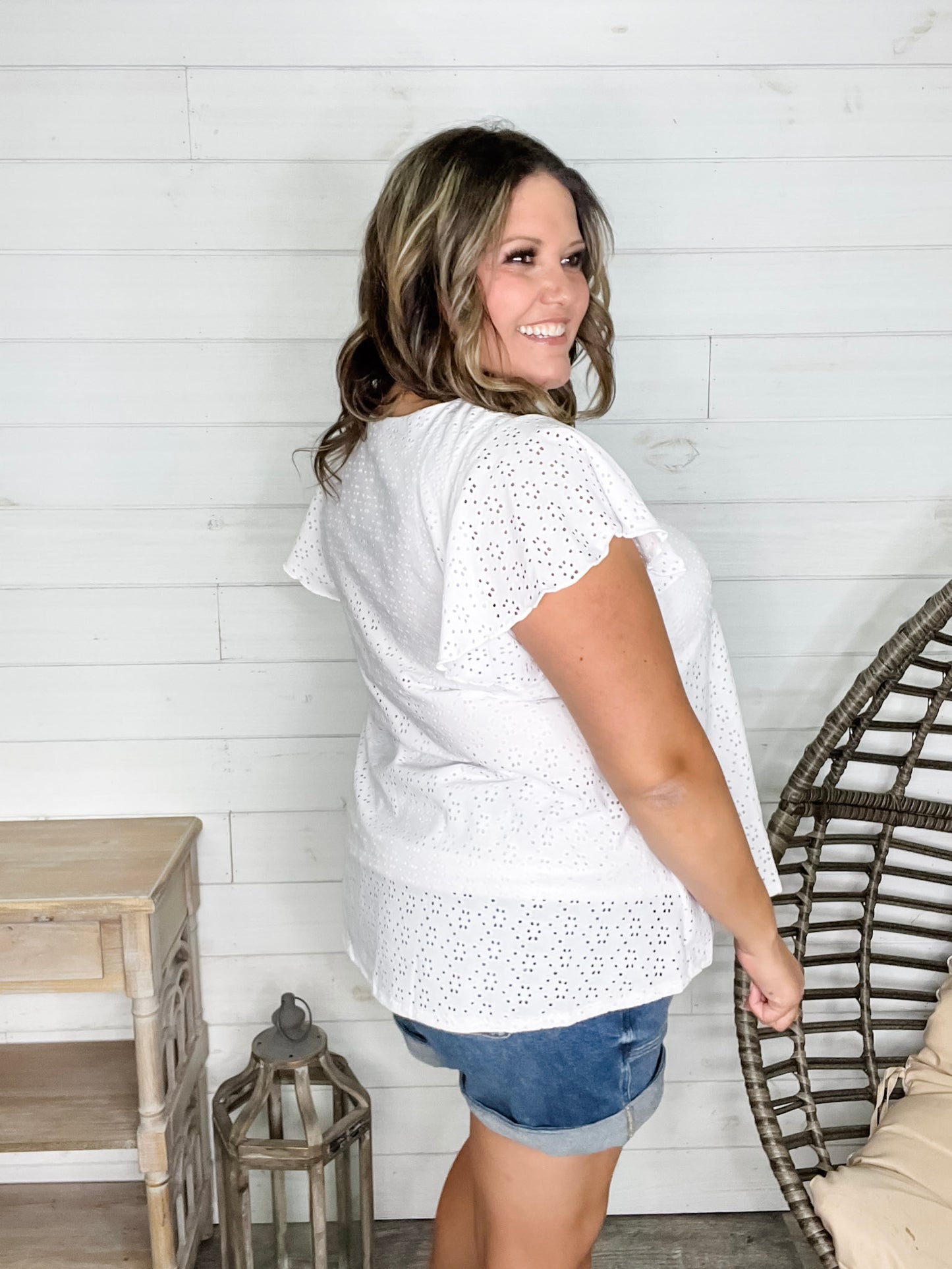 "Counting On It" Eyelet Ruffle Cap Sleeve (White)