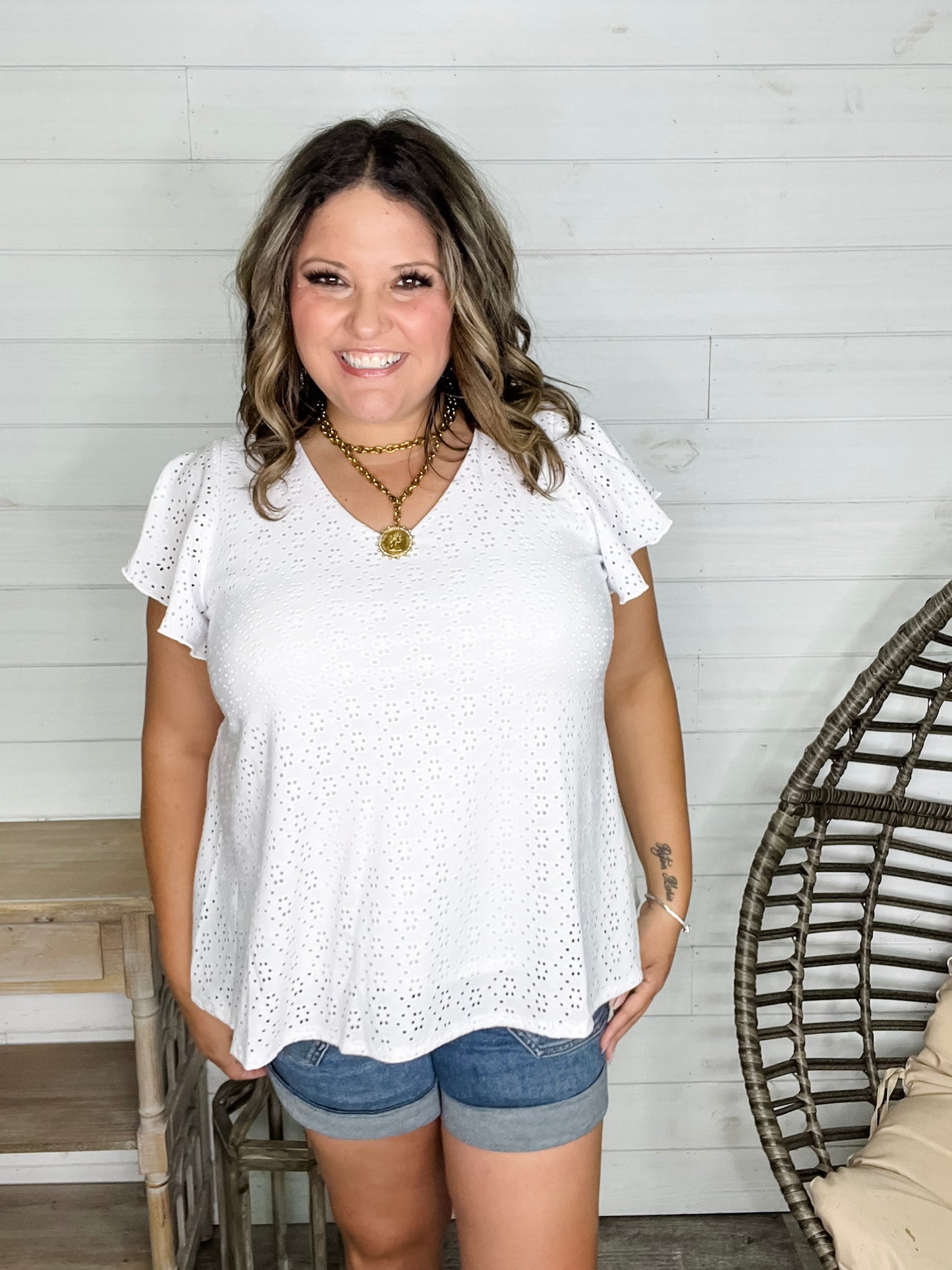 "Counting On It" Eyelet Ruffle Cap Sleeve (White)