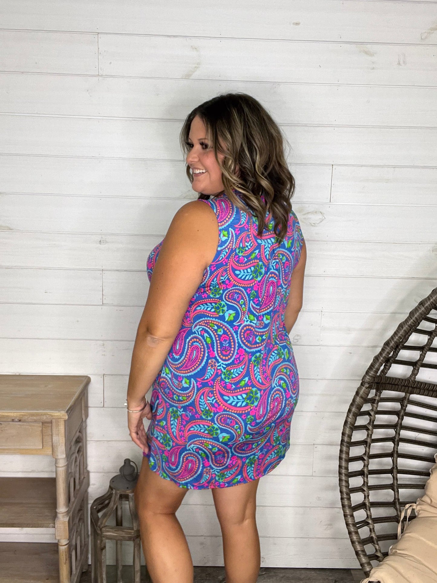 "Walleye" Sleeveless Split Neck Dress with Pockets