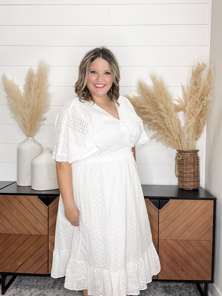 "New Leaf" Eyelet Short Sleeve Midi Dress