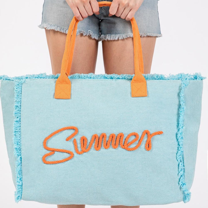 Sewn Rope 'Summer' Letter Fringed Canvas Tote Bag (Multiple Colors)