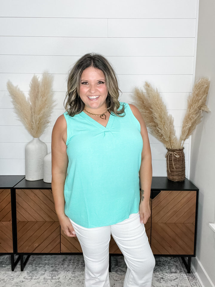 "Swanton" Deep V Tank with Front Pleat (Aqua Mint)