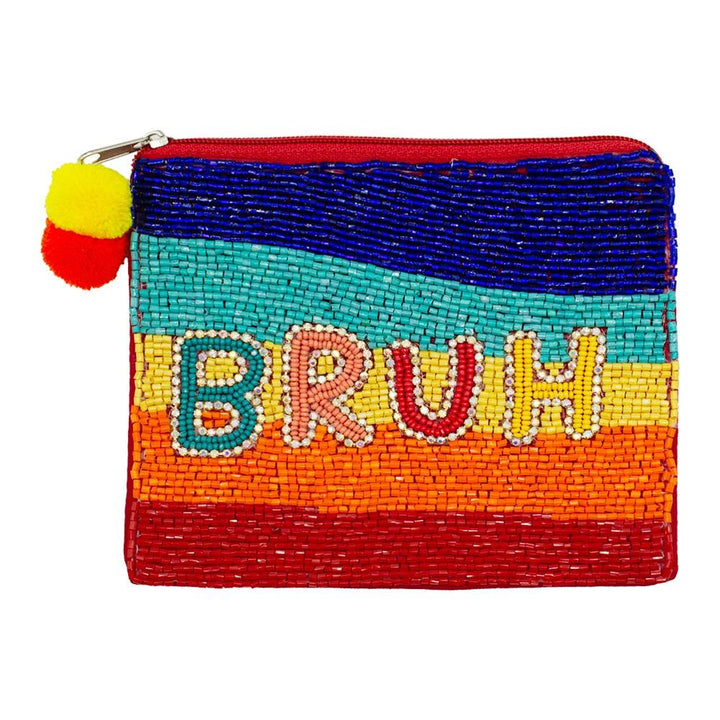 "BRUH" Seed Beaded Canvas Bag With Pom Pom Zipper
