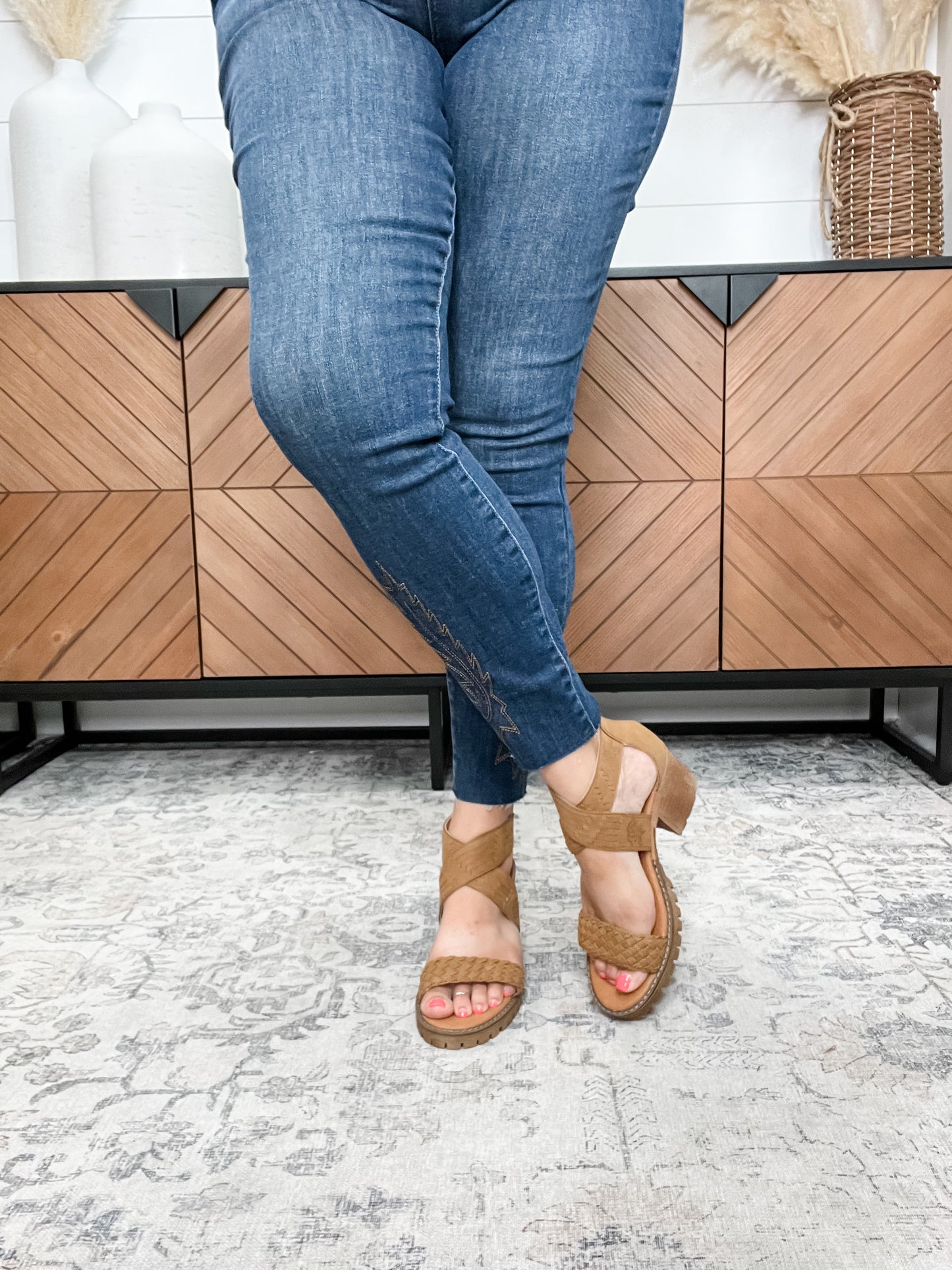 "Vana" Faux Suede Sandal By Very G with Laser Cut Rose Detail (Tan)
