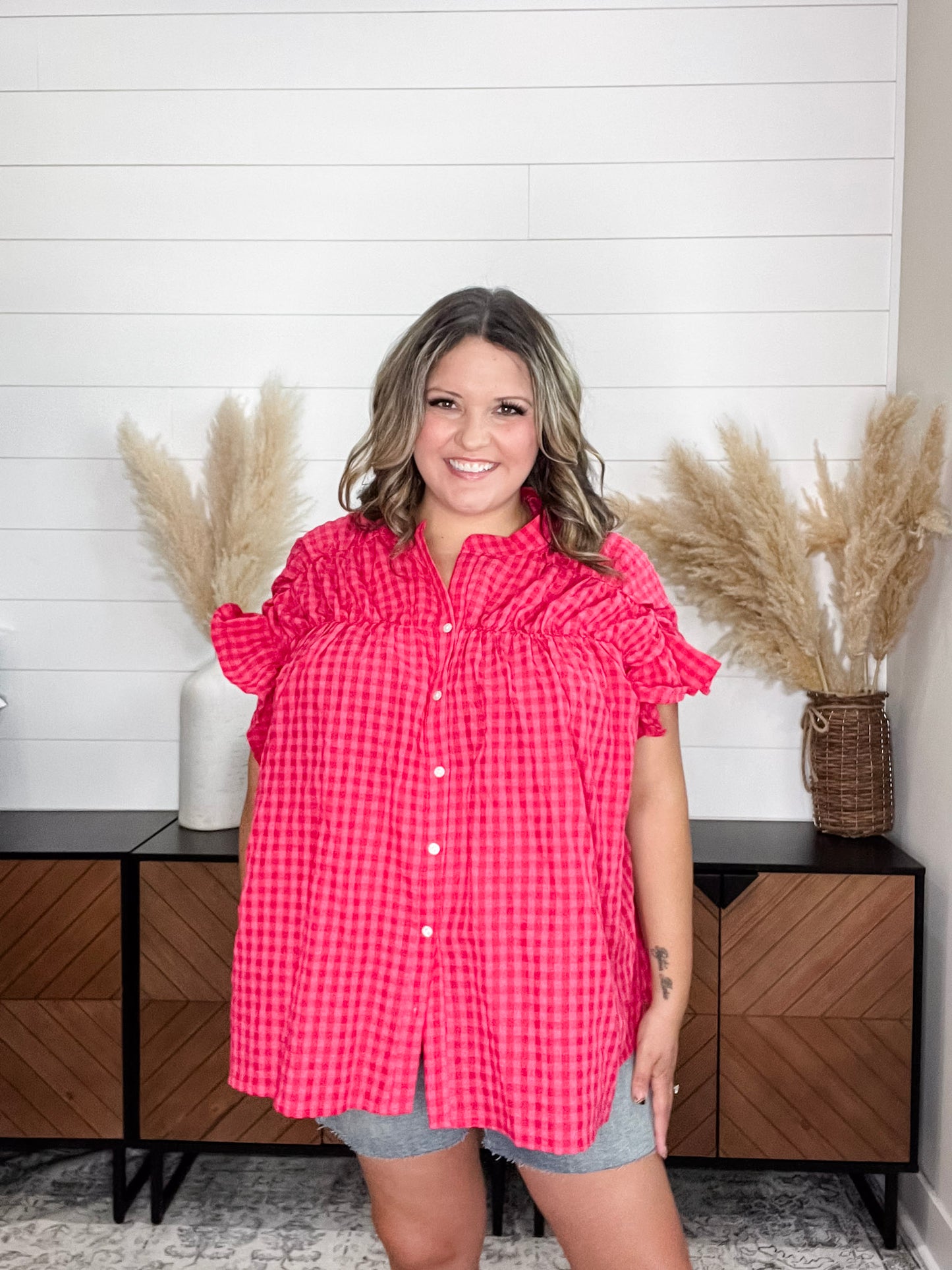 "Picnic Style" Ruffle Short Sleeve Button Up