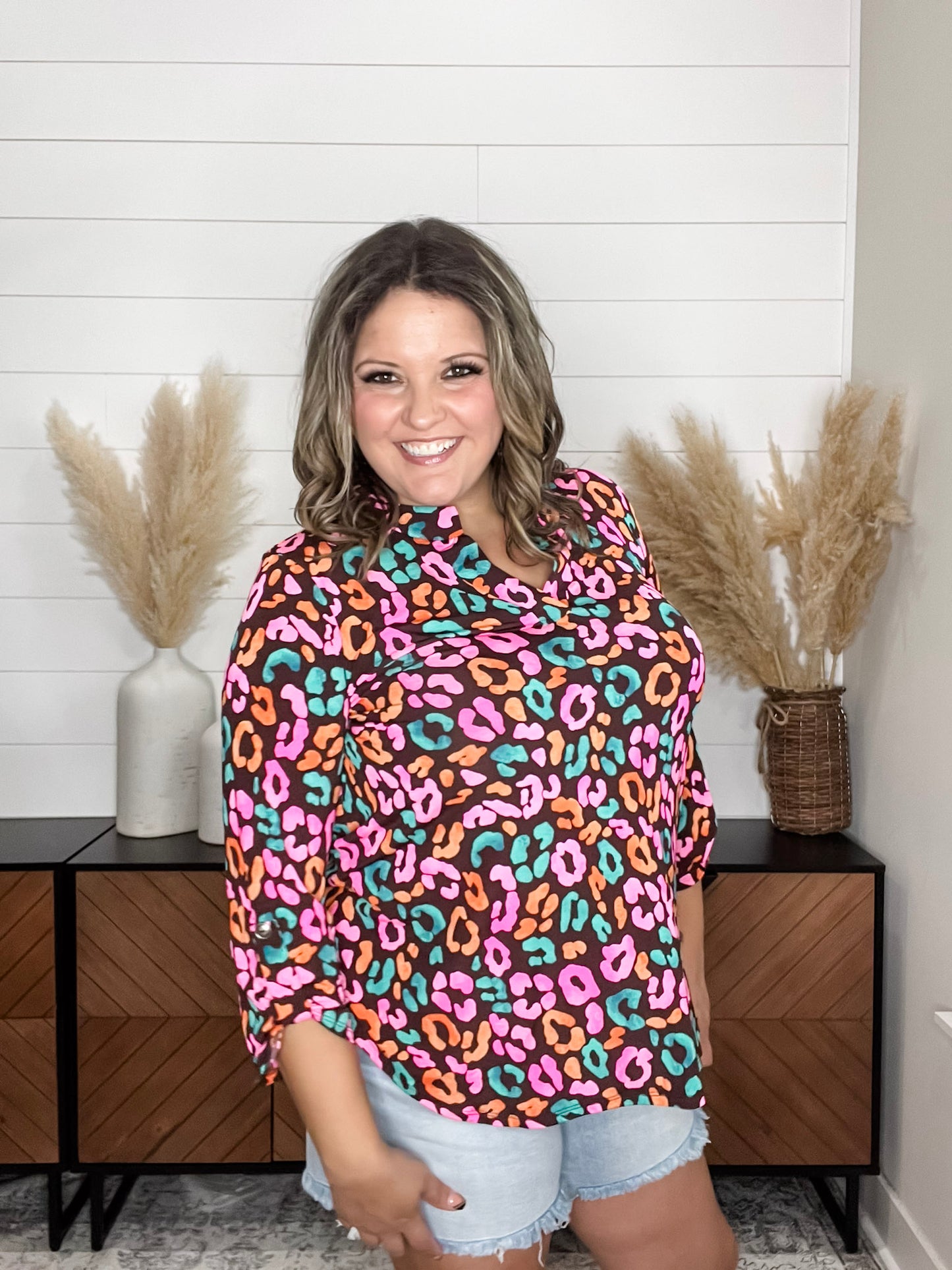 "Hastings" Animal Print Lizzy 3/4 Sleeve Split Neck