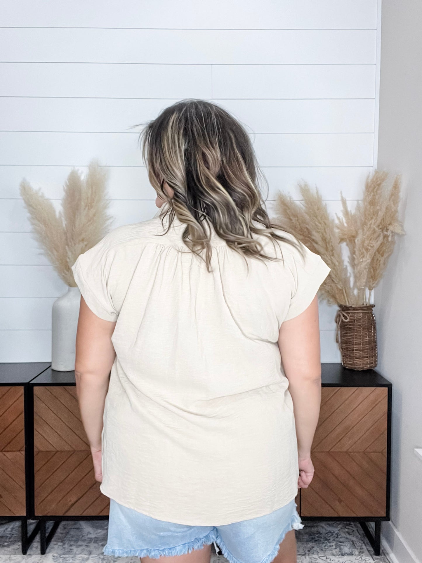 "Bailee" Collared Cap Sleeve Blouse with Front Buttons (Taupe)