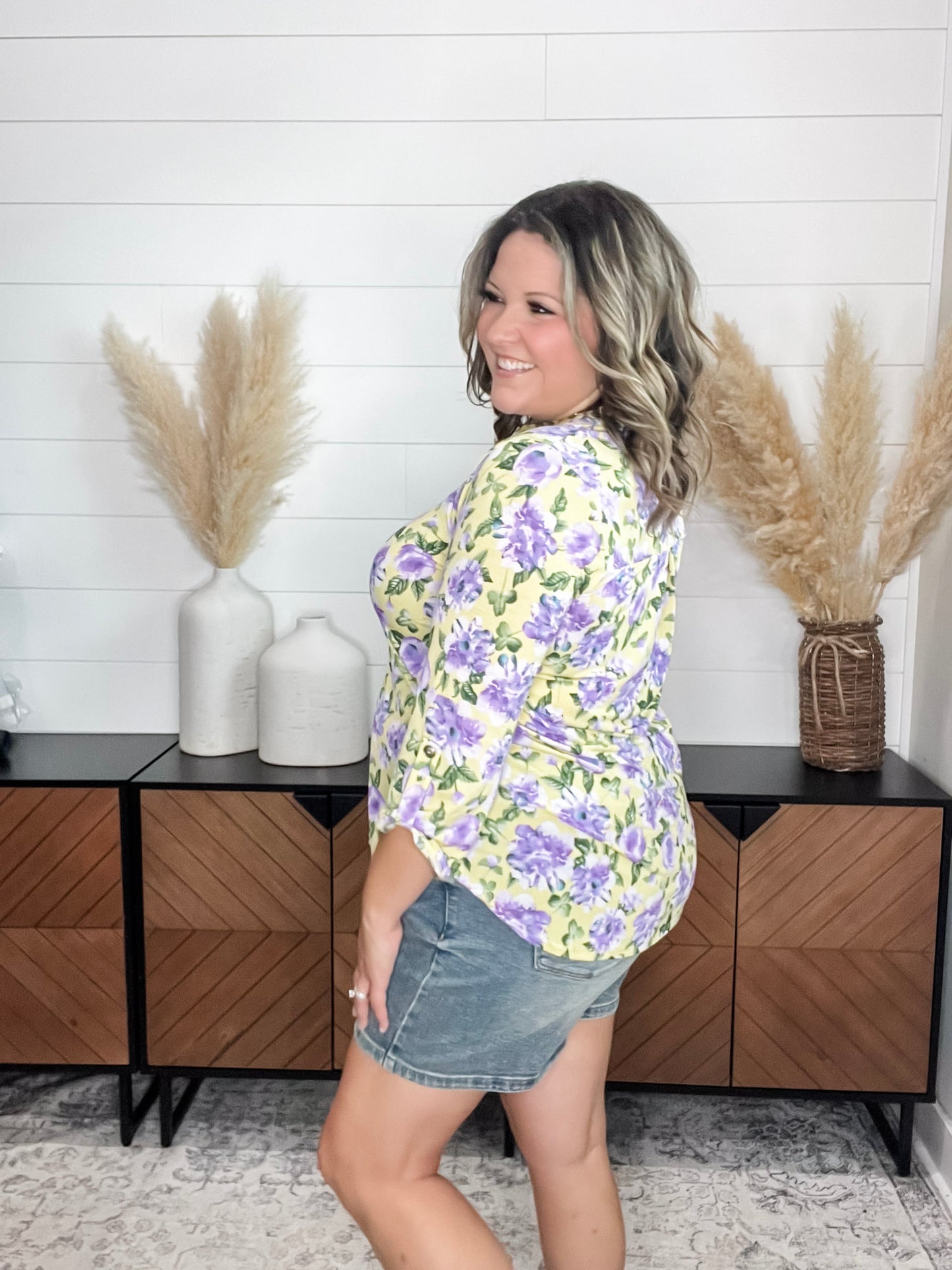 "Stealthy" Floral 3/4 Sleeve Split Neck Tops
