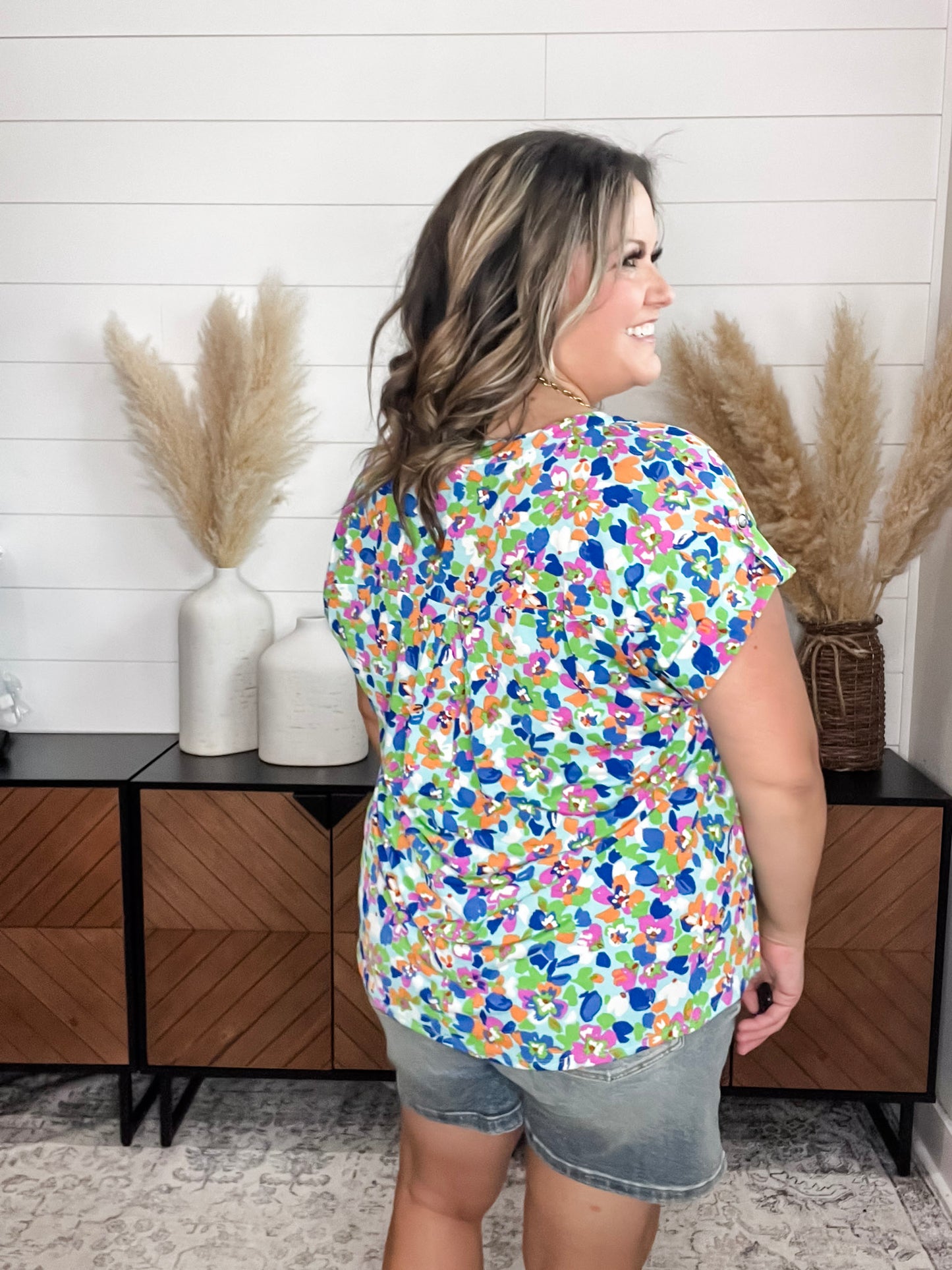 "Smack Dab" Split Neck Cuffed Short Sleeve