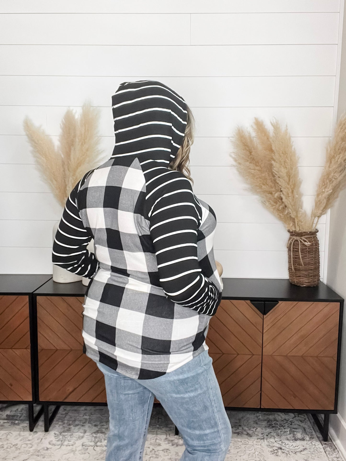 "Crystal" Light Weight Hoodie with Stripe Sleeve (Black & White Plaid)