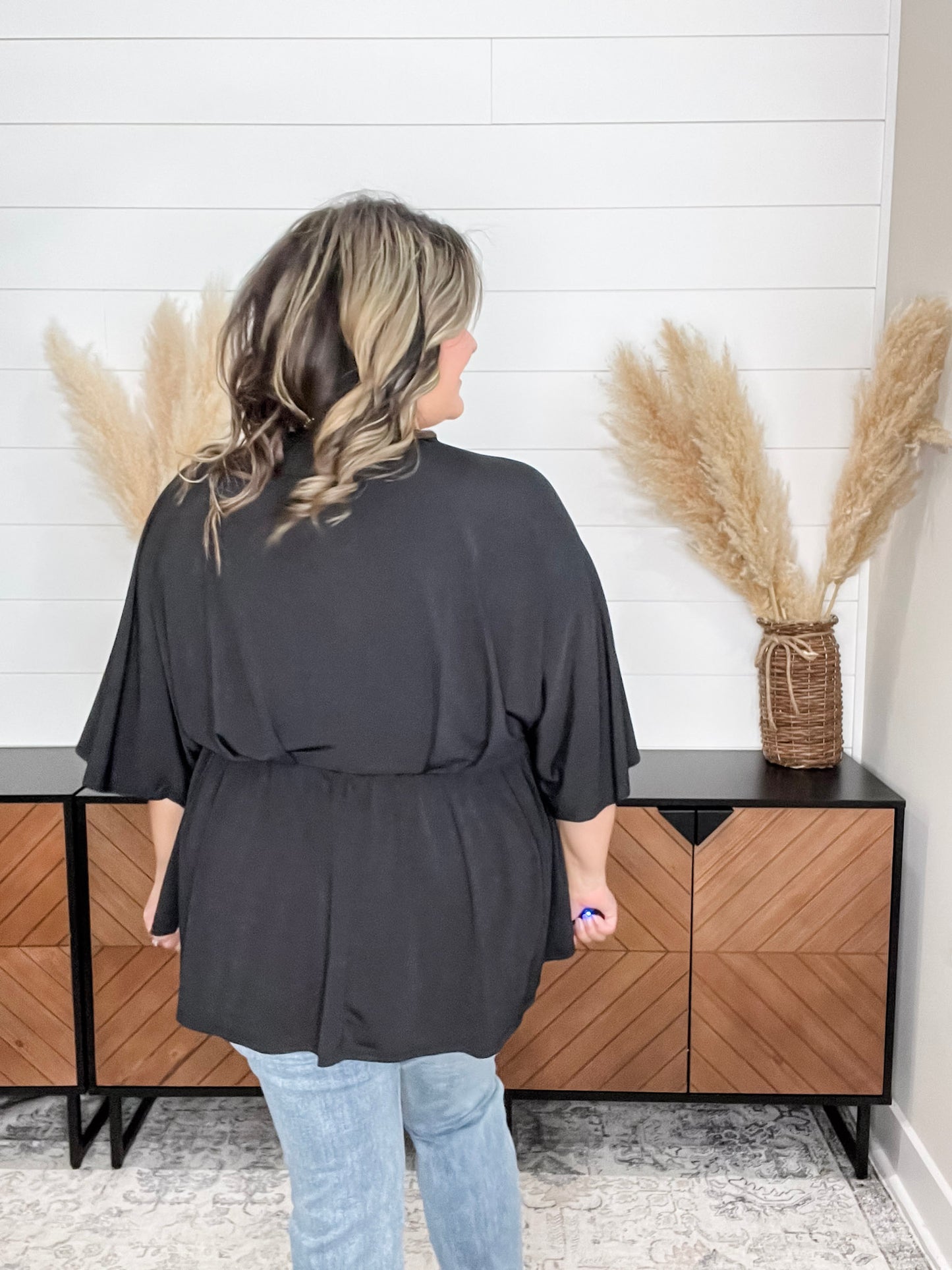 "Here We Go Again" V Neck 3/4 Bell Sleeve (Black)