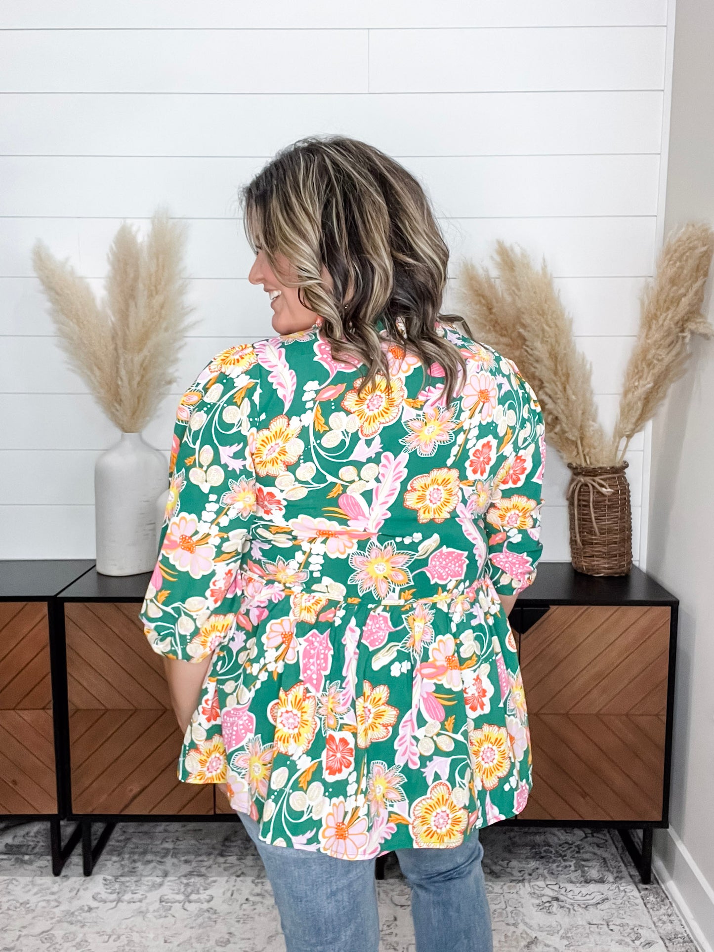 "Highland" 3/4 Sleeve Peplum with Front Tie