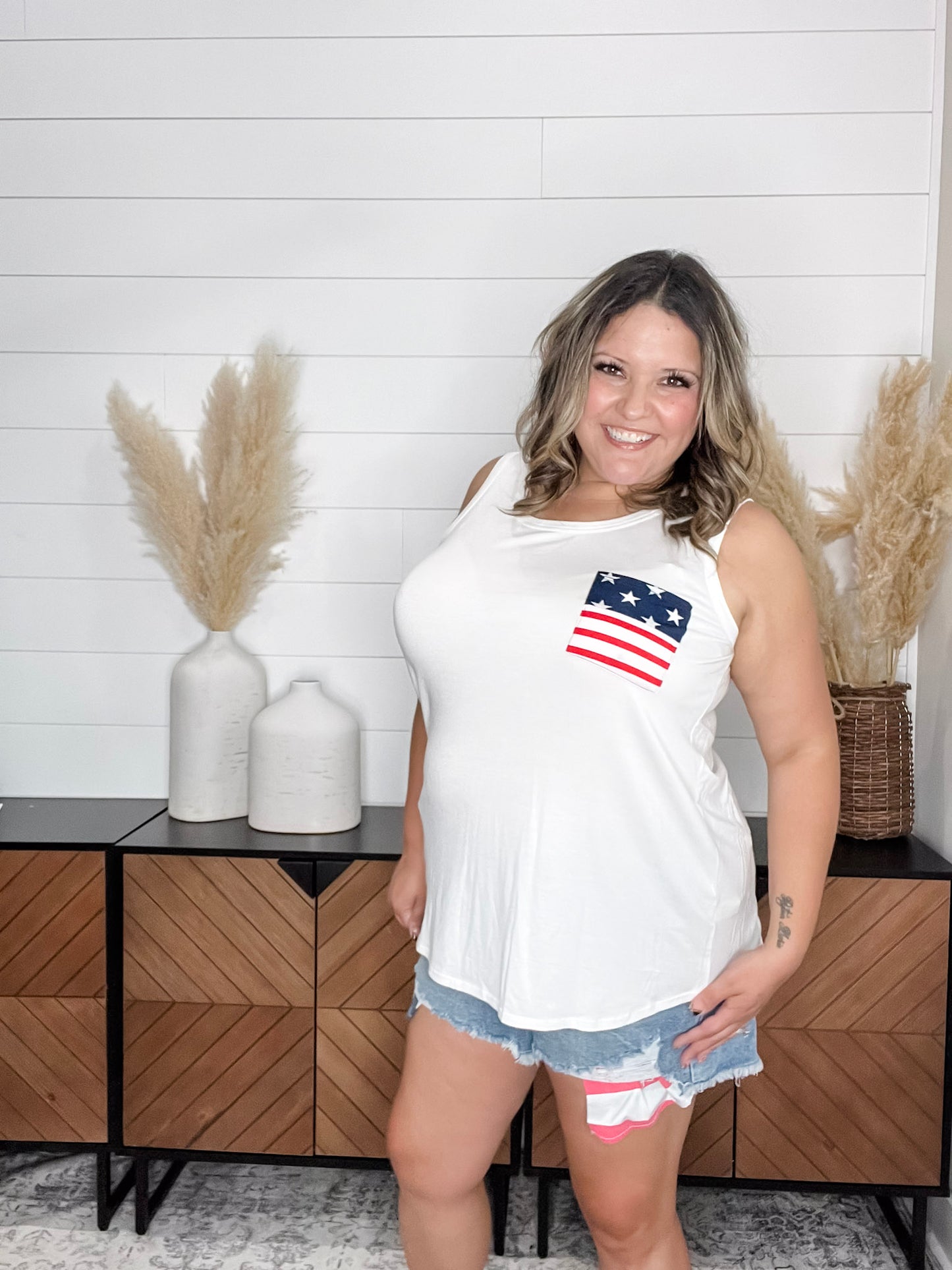 "Ole Glory" Flag Pocket Detail Tank (White)