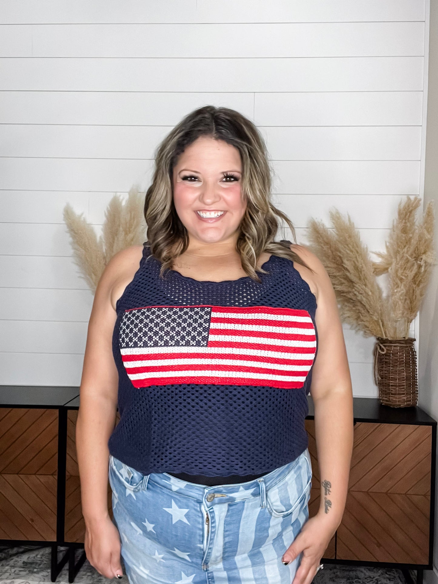 "Banner" Cropped Crochet Flag Tank (Navy)