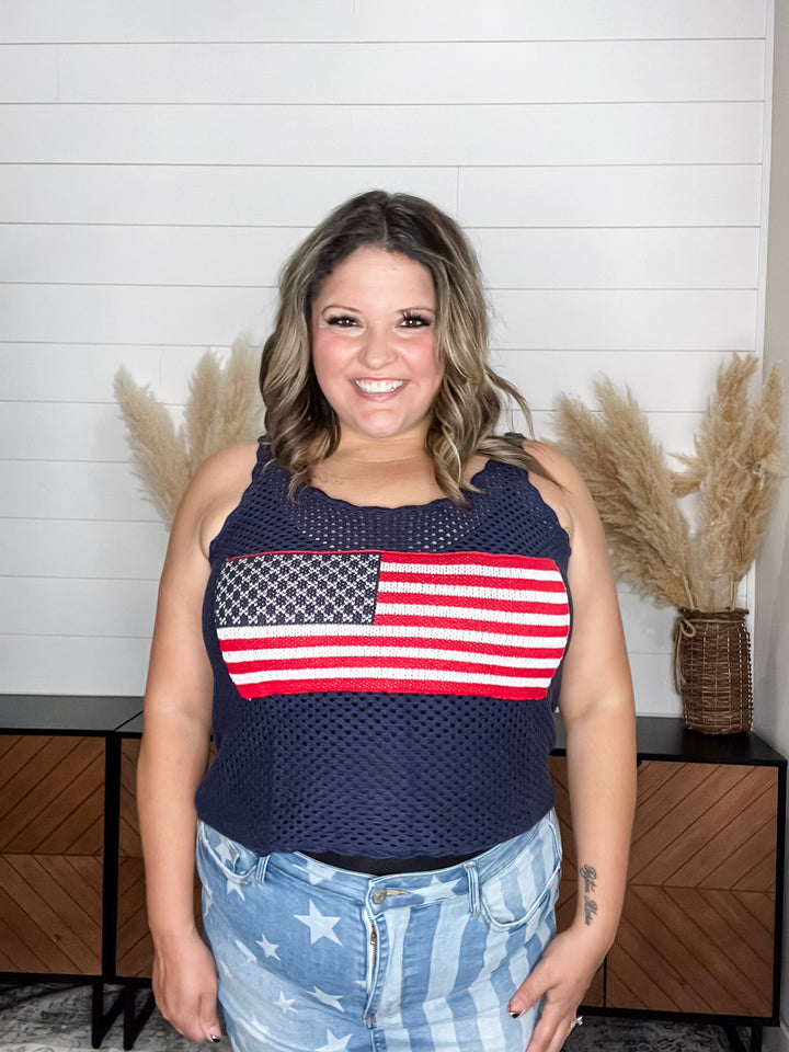 "Banner" Cropped Crochet Flag Tank (Navy)