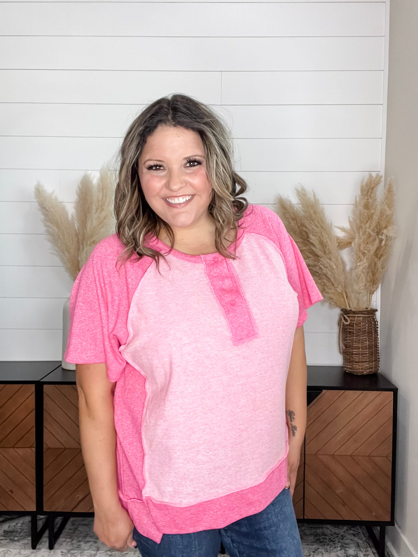 "Dunnigan" Oversized Short Sleeve with Button Front Detail (Pink)