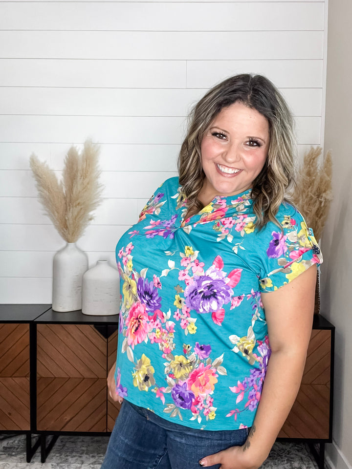 "Dexter" Floral Split Neck Cuffed Short Sleeve