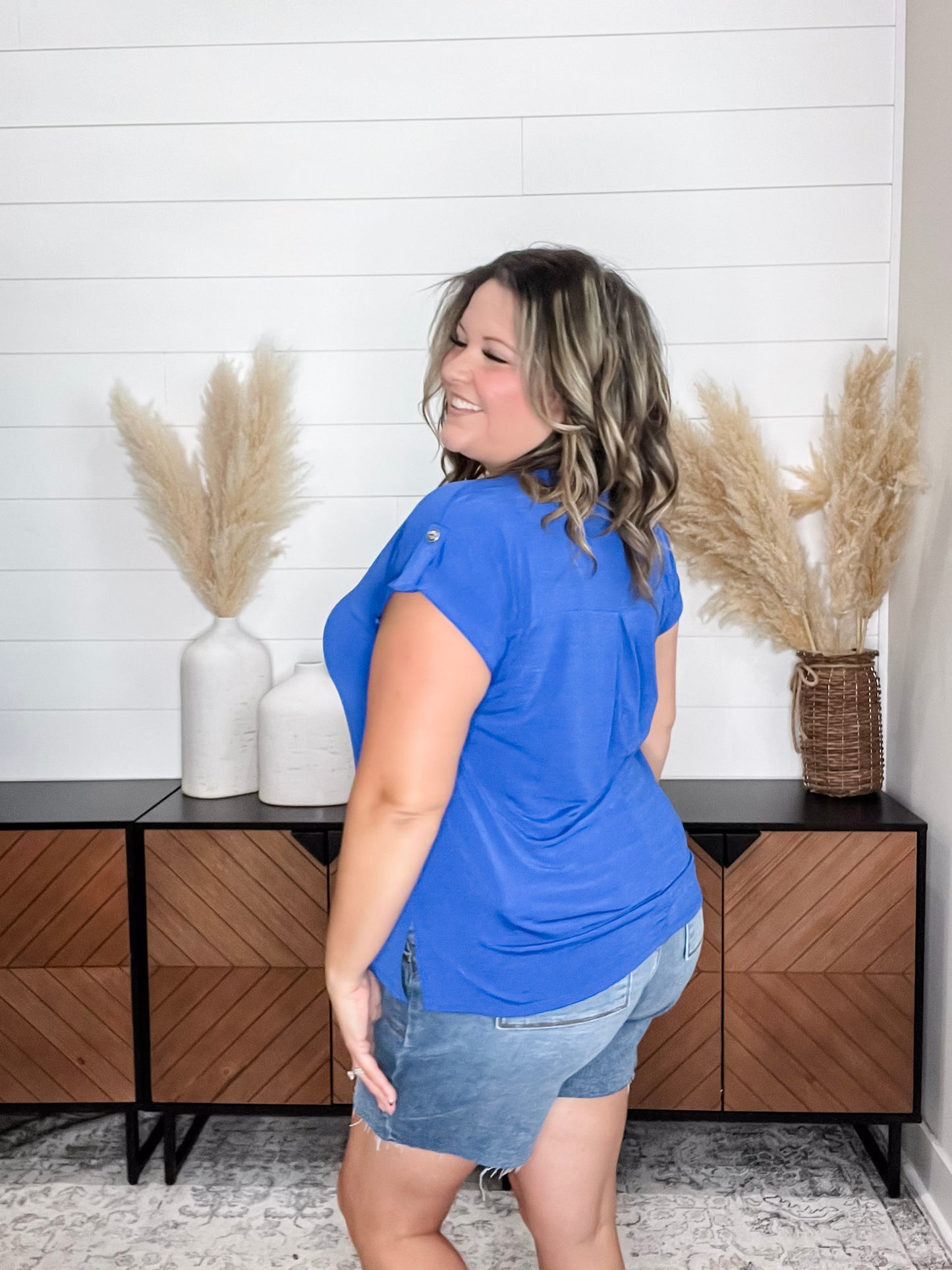 "Dare" Solid Split Neck Cuffed Short Sleeve (Royal Blue)