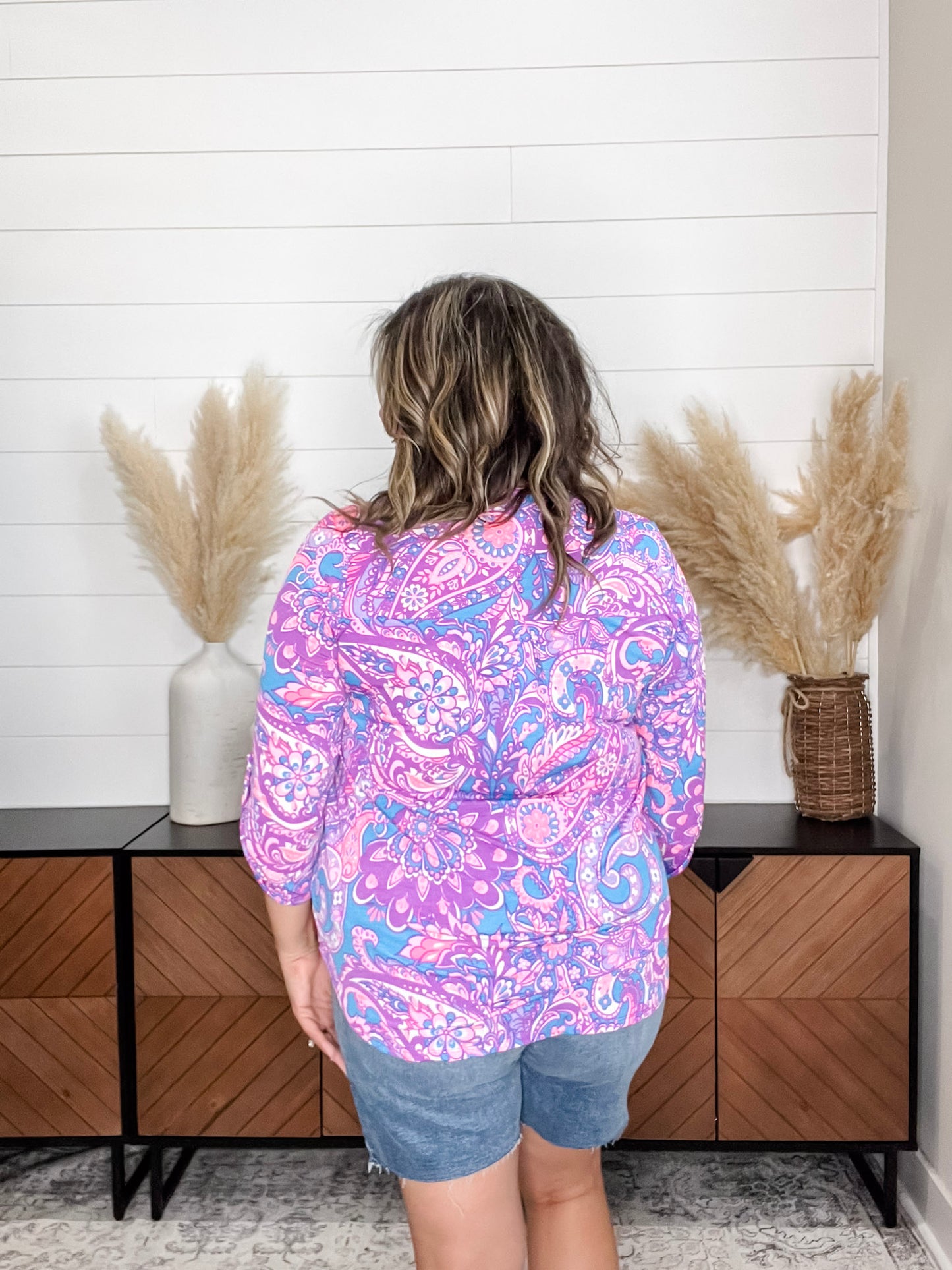 "Covert" Paisley 3/4 Sleeve Split Neck Tops