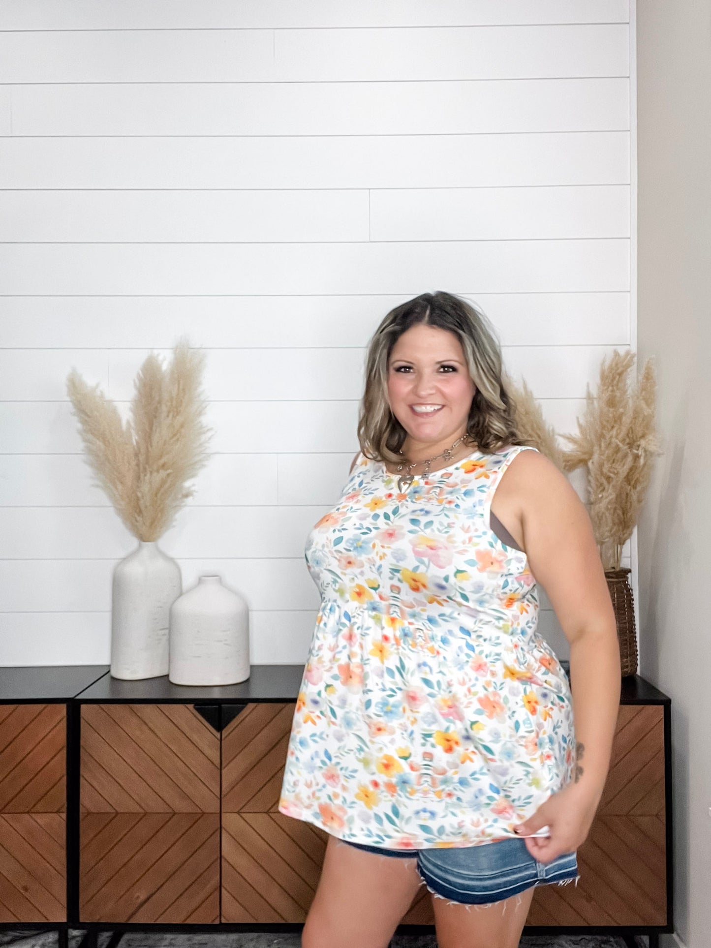 "Renee" Floral Ruffle Tank (Watercolor)