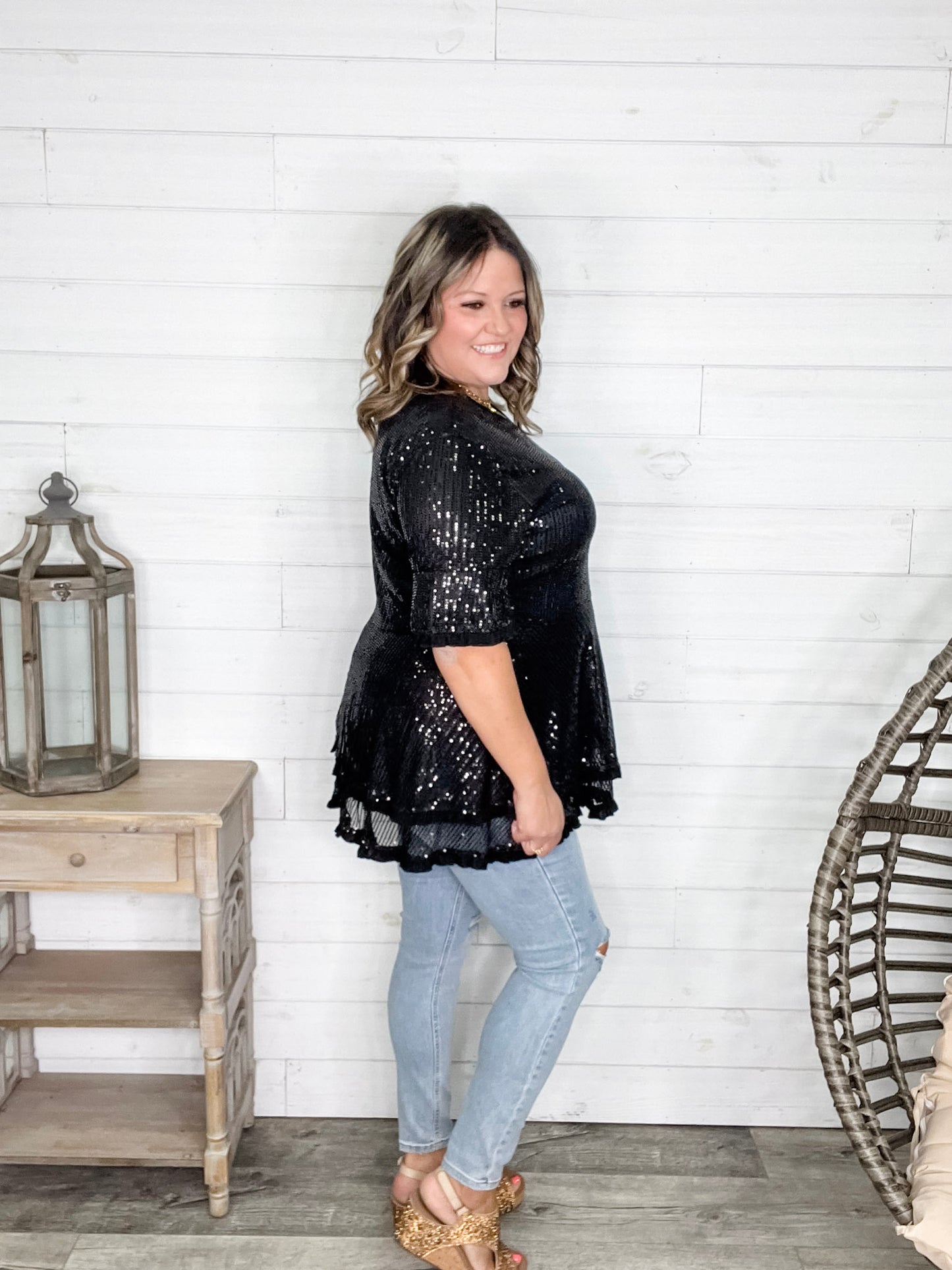 "Caught A Glimpse" Sequined Ruffle Hem and Sleeve (Black)