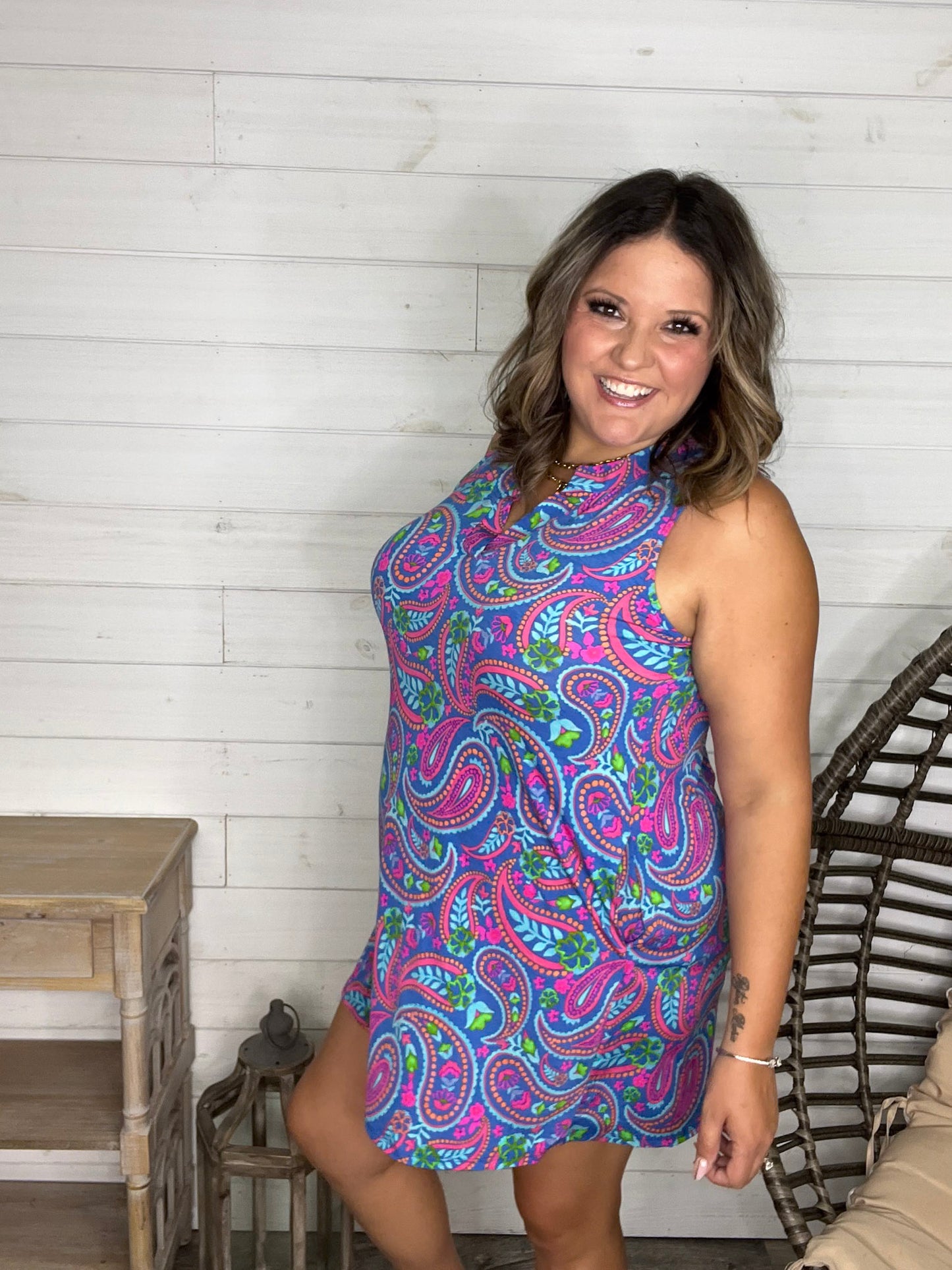 "Walleye" Sleeveless Split Neck Dress with Pockets