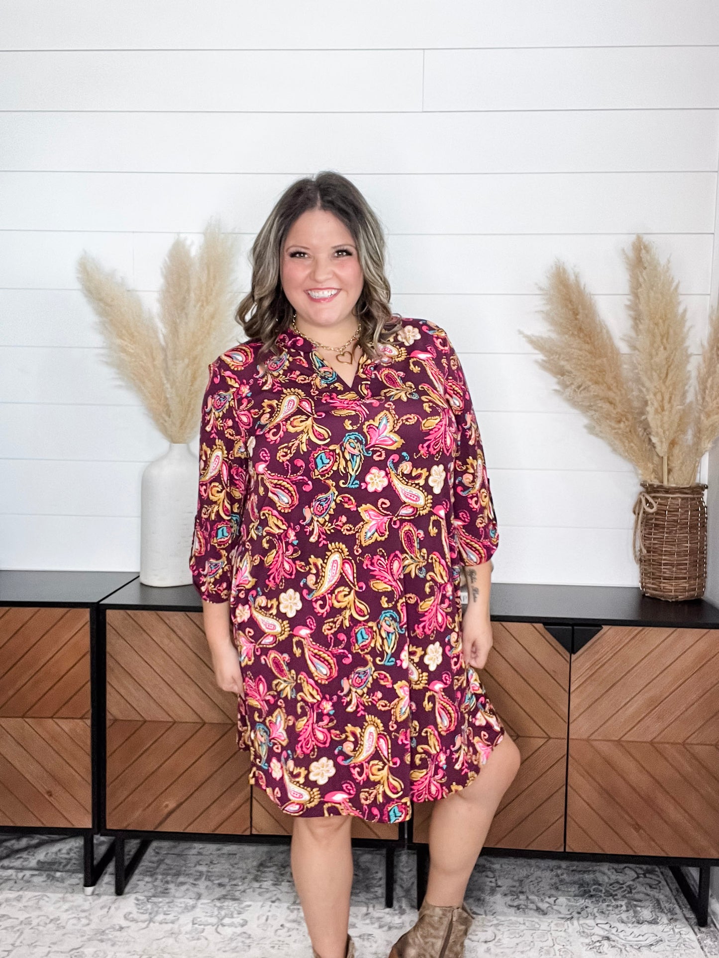 Dear Scarlett "Calcium" 3/4 Sleeve Split Neck Dress with Pockets