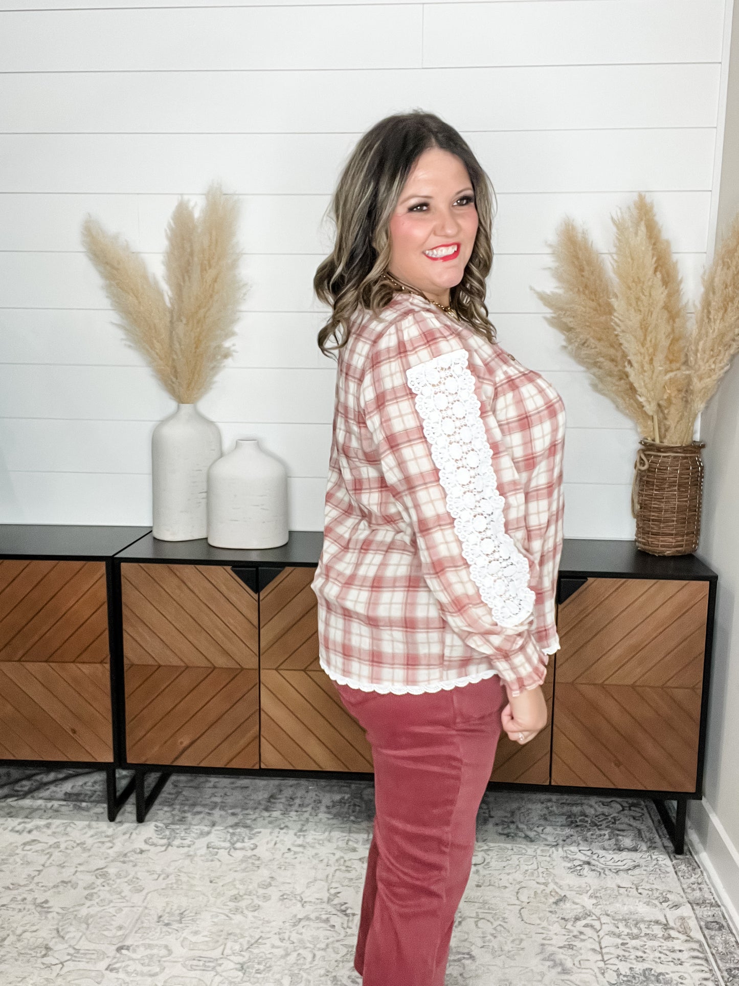 "Fall Into" Long Sleeve Plaid with Lace Detail