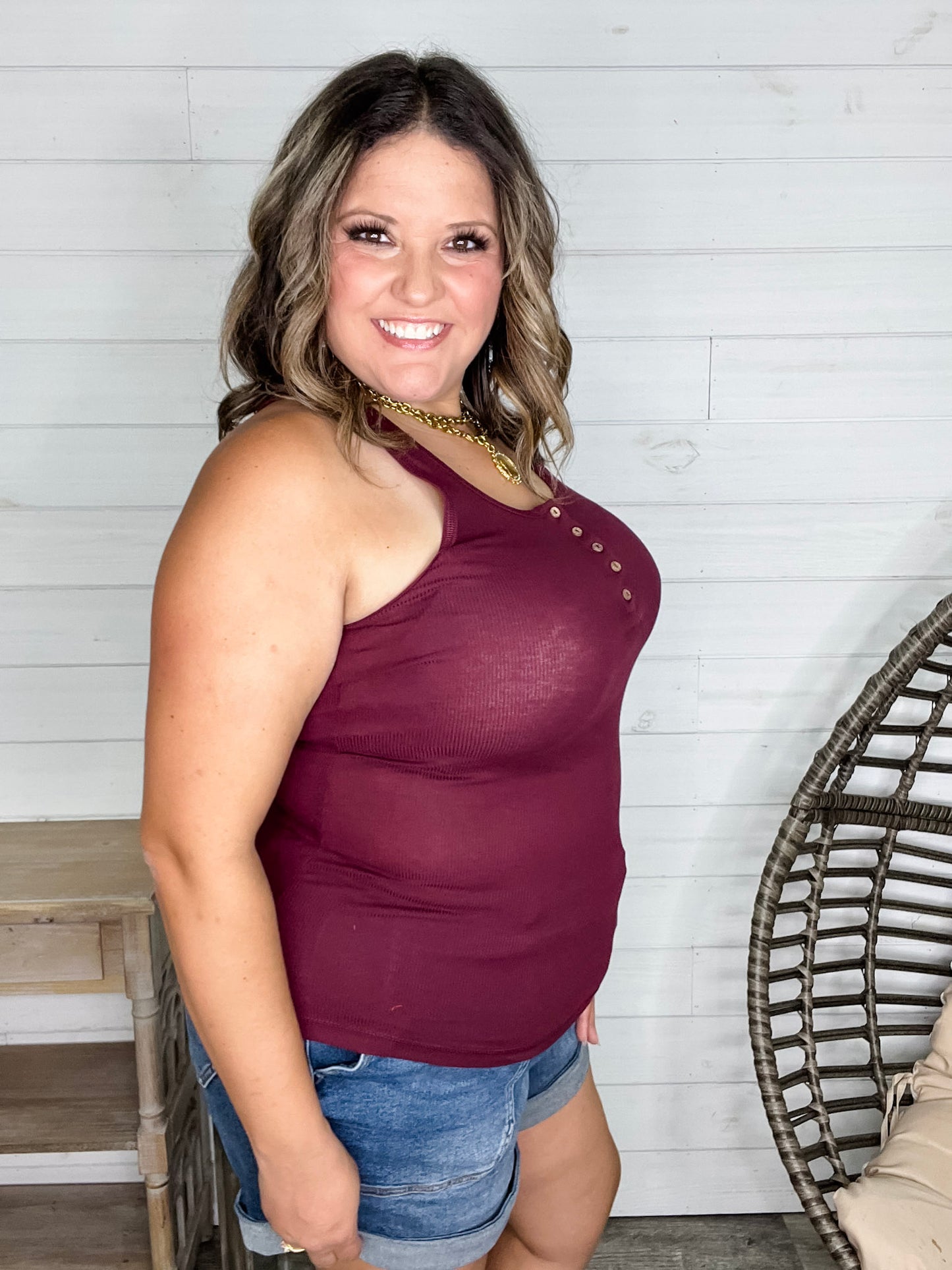 "Without A Cause" Racerback Button Front Ribbed Tank (Multiple Colors)