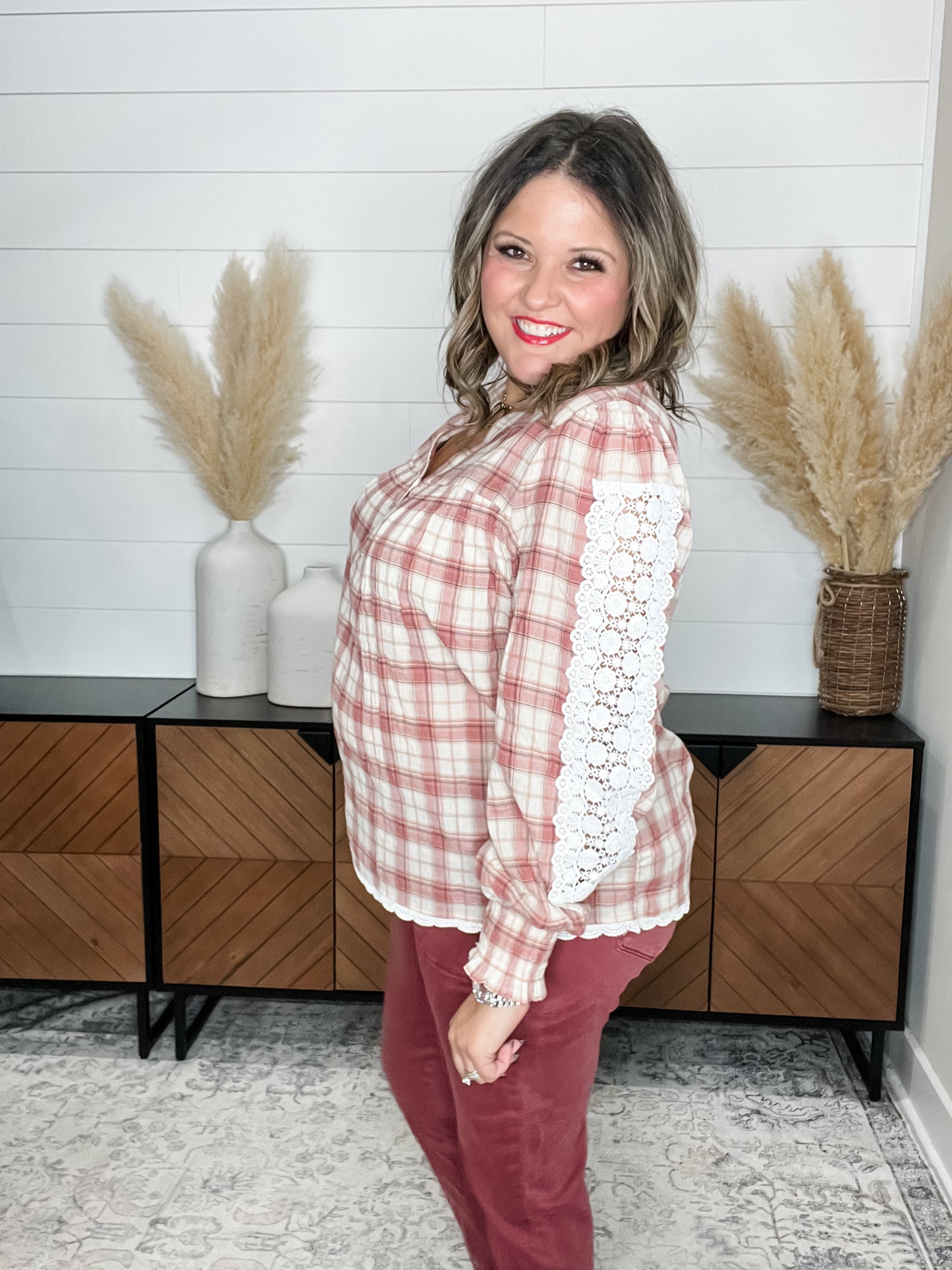 "Fall Into" Long Sleeve Plaid with Lace Detail
