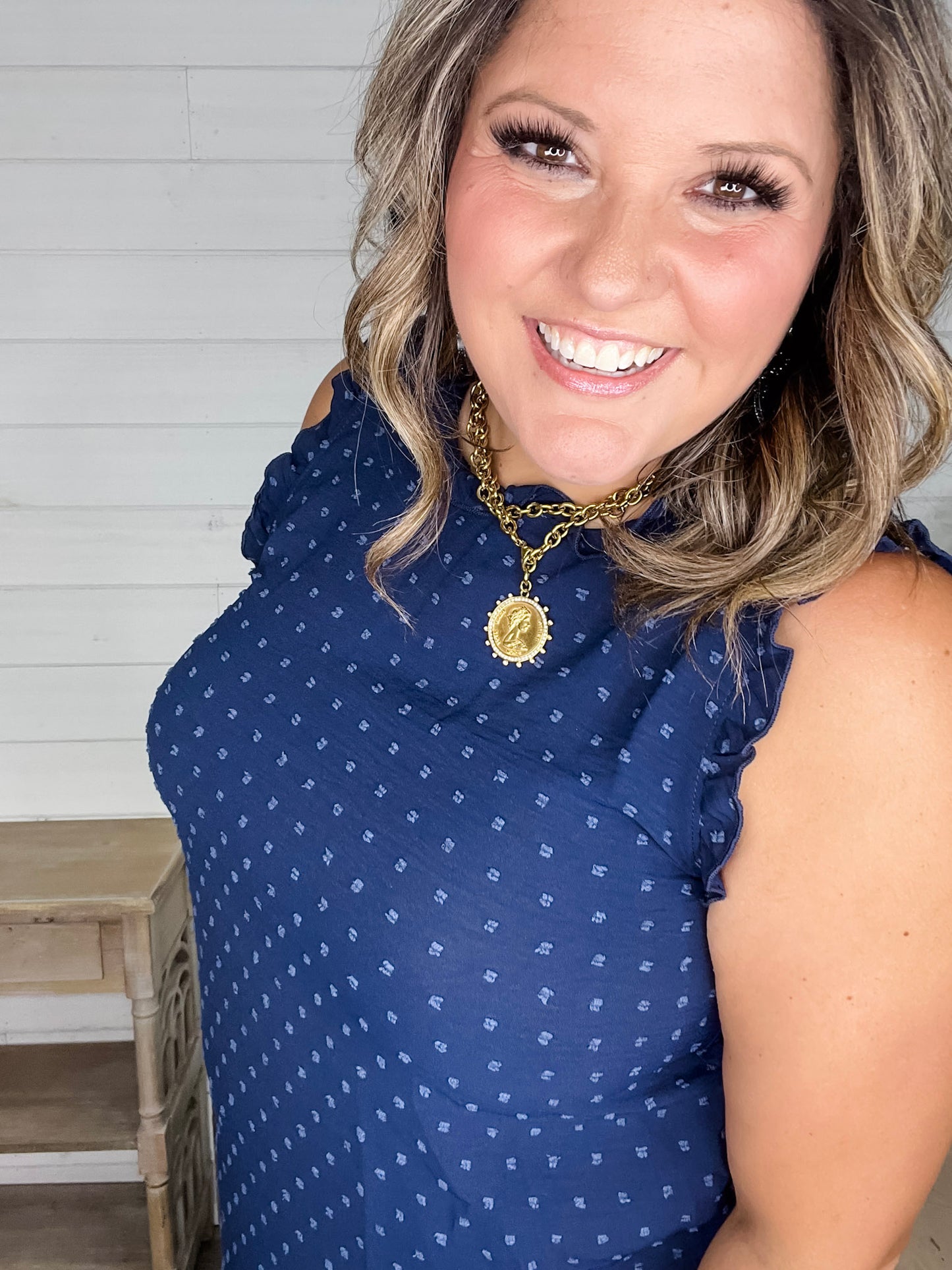 "Swiss Miss" Sleeveless Ruffle Cap and Collar with Back Button Detail (Navy)