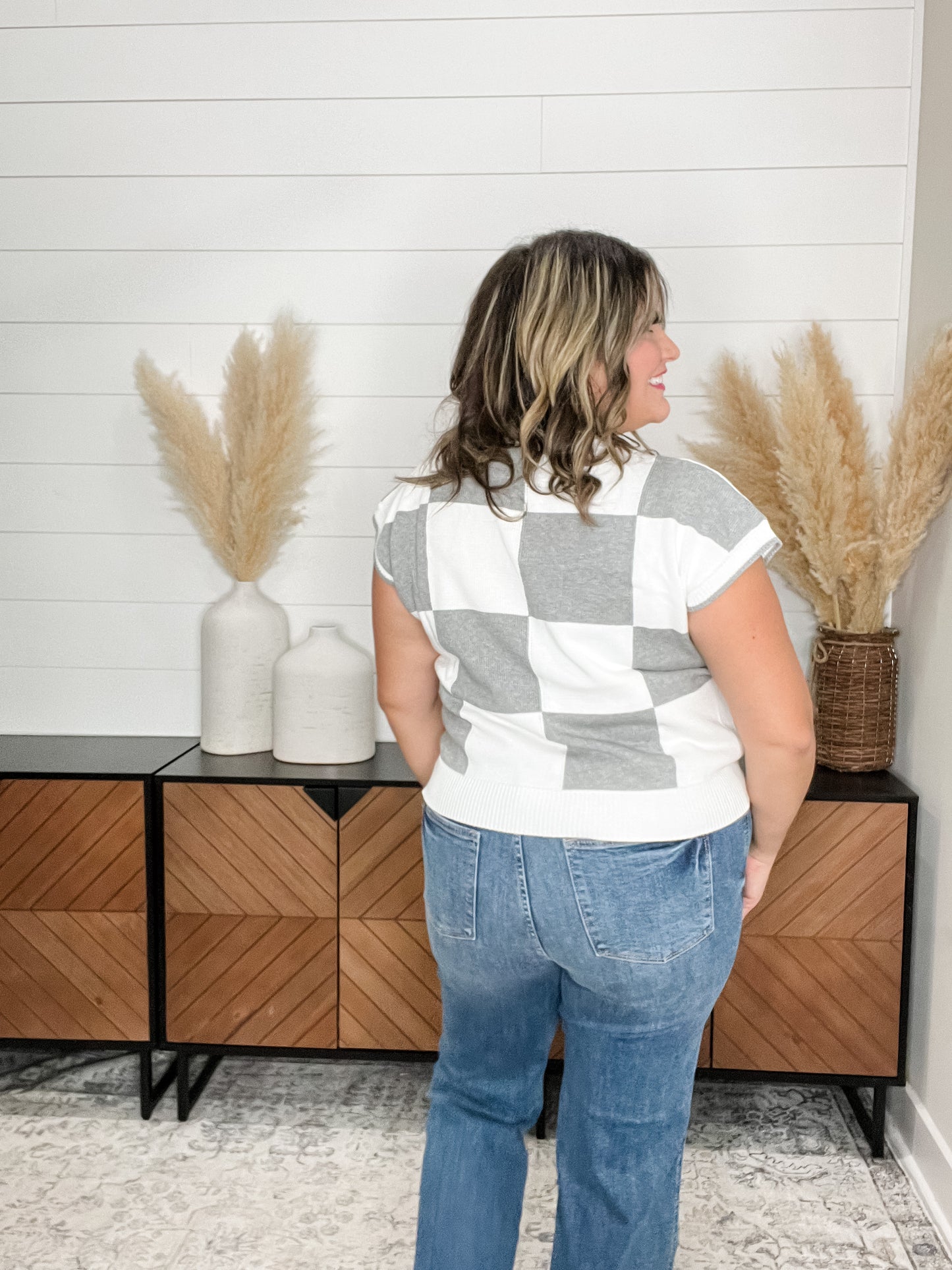 "Finish Line" Short Sleeve Checkered Sweater