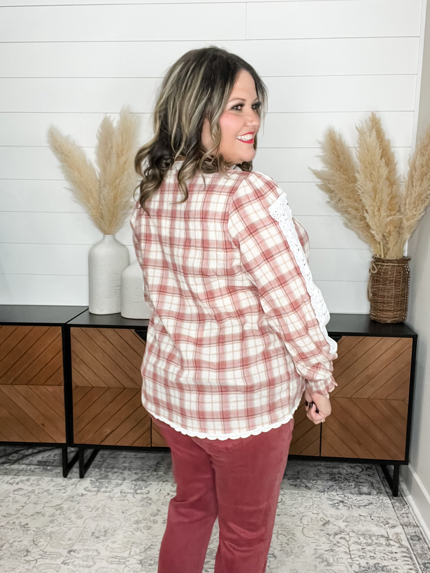 "Fall Into" Long Sleeve Plaid with Lace Detail