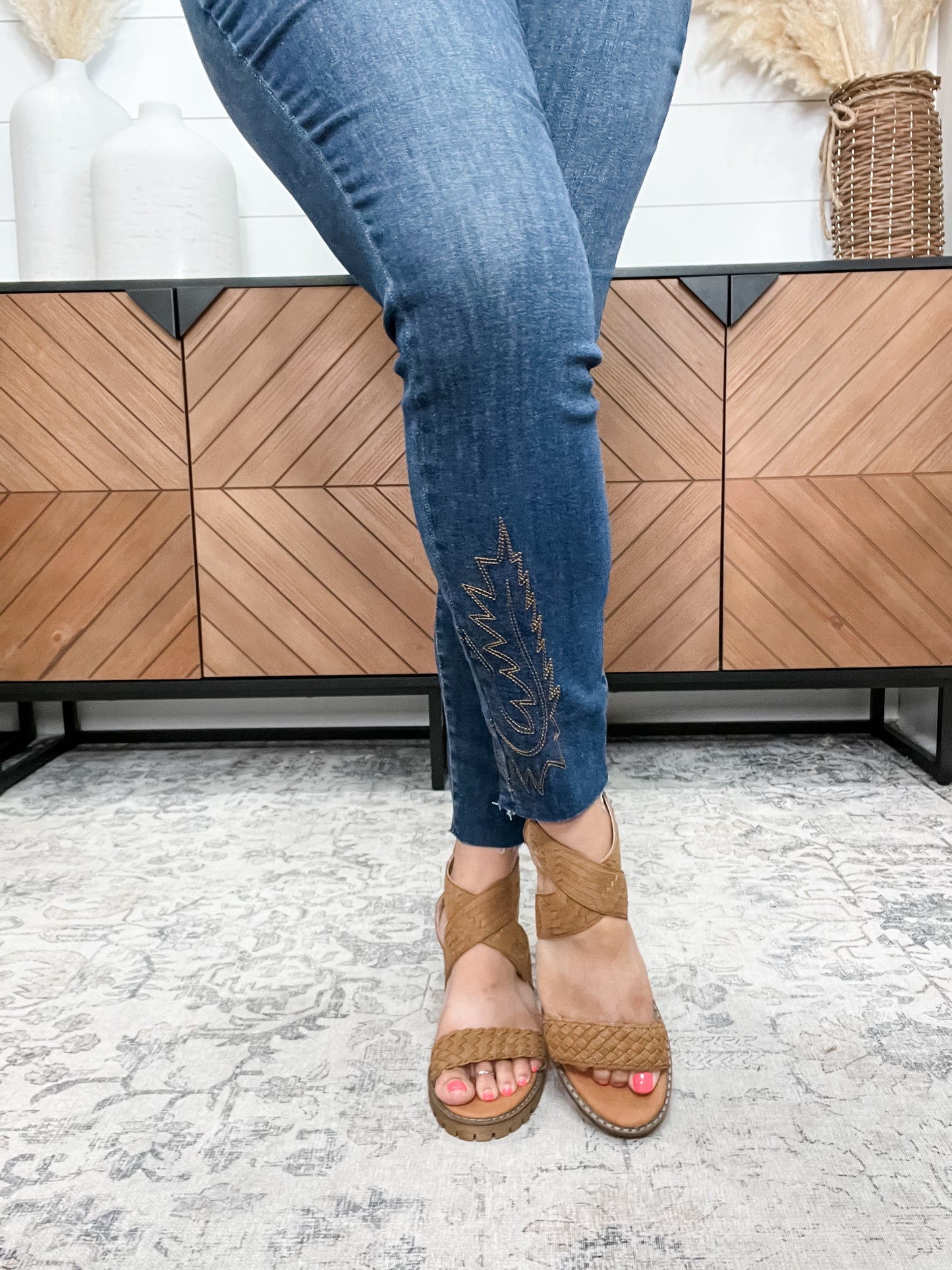 "Vana" Faux Suede Sandal By Very G with Laser Cut Rose Detail (Tan)