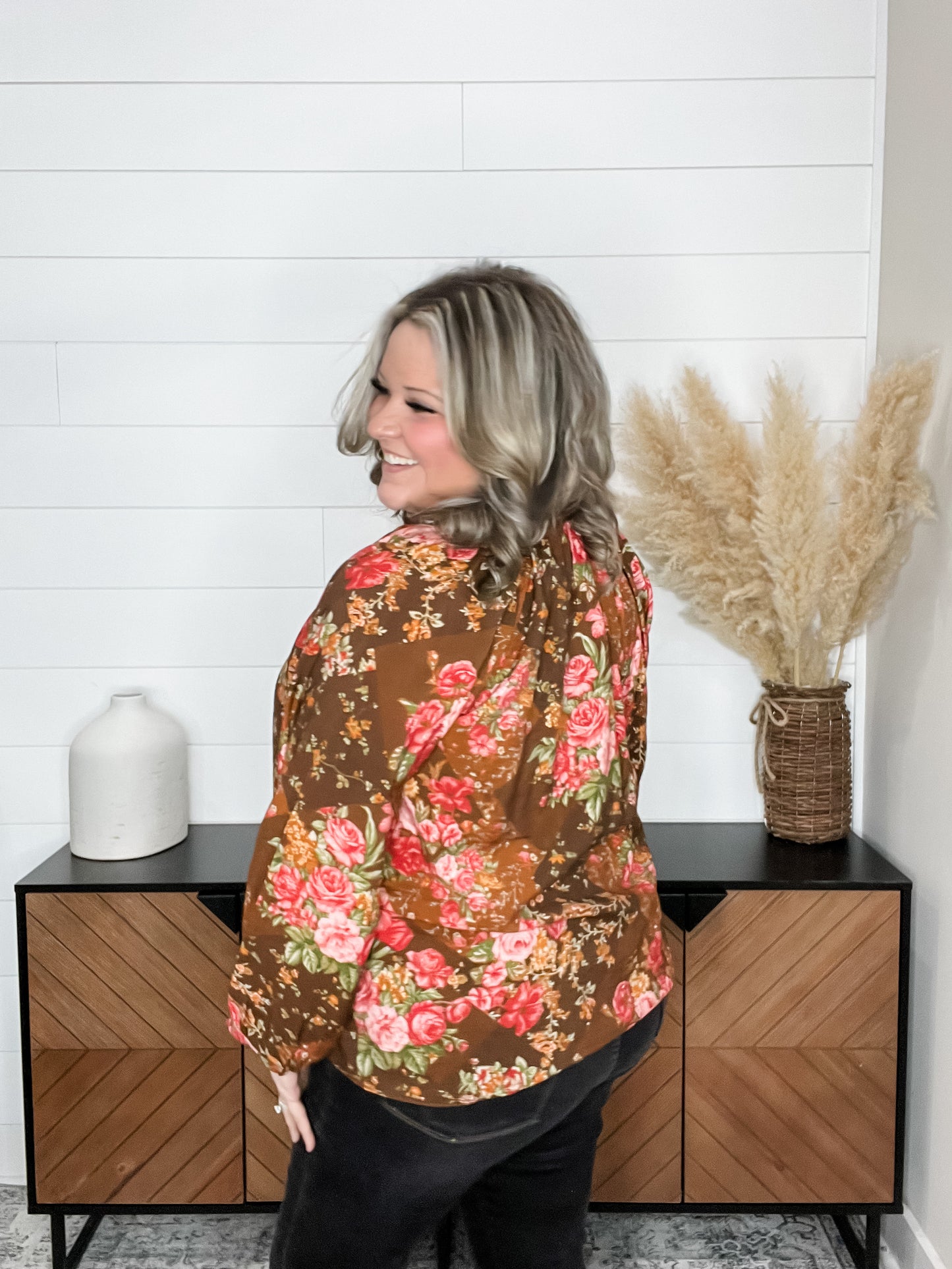 "Yes You Do" Long Balloon Sleeve Floral with Ruffle Collar