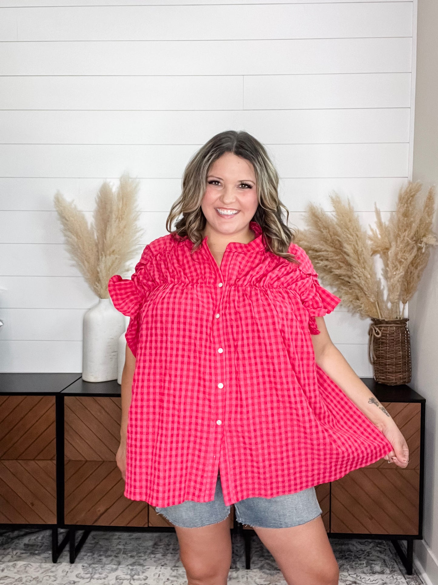 "Picnic Style" Ruffle Short Sleeve Button Up