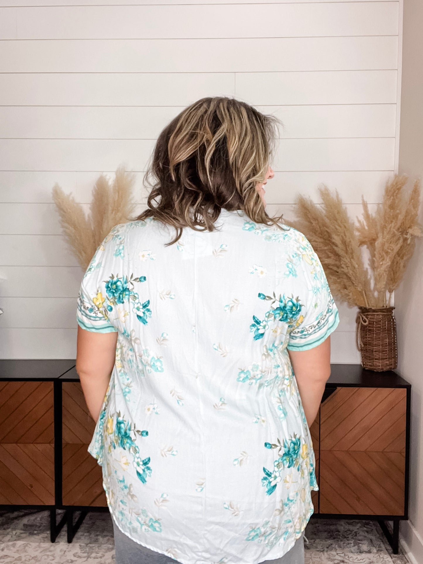 "Miriam" Floral Boxy Short Sleeve Hi Low U Neck