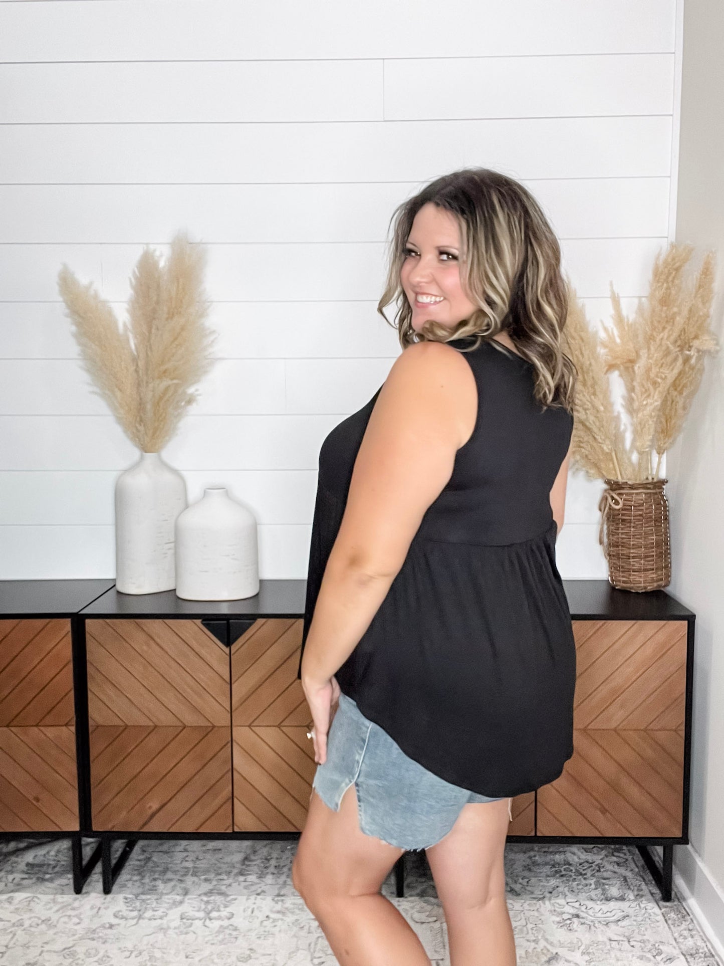 "Lottie" Babydoll V Neck Tank Top (Black)