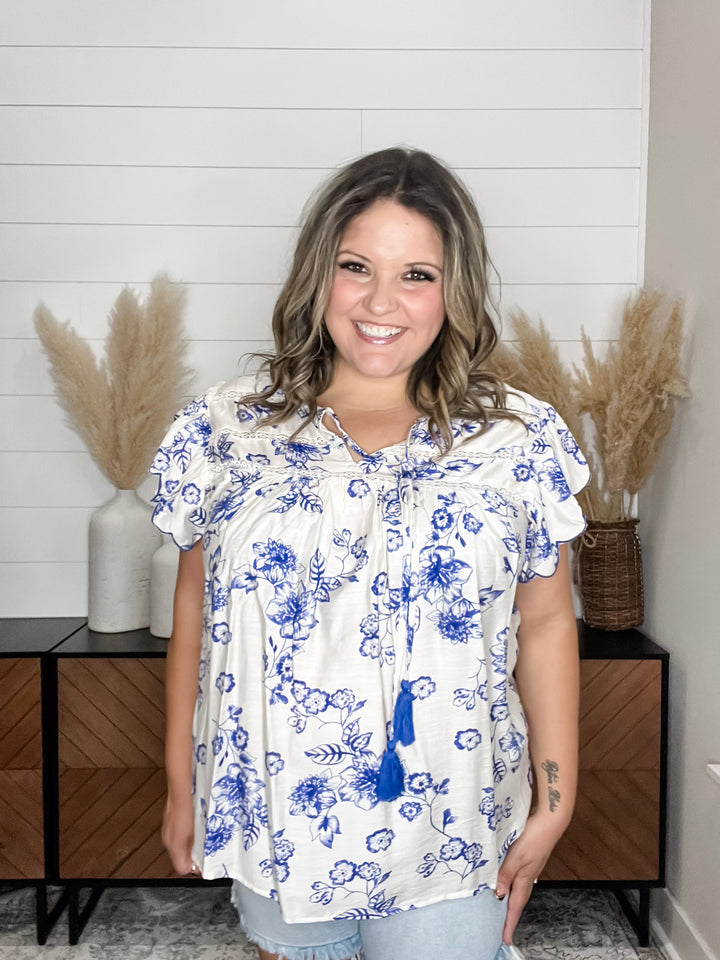 "Bygones" Floral Ruffle Cap Sleeve Peasant Style