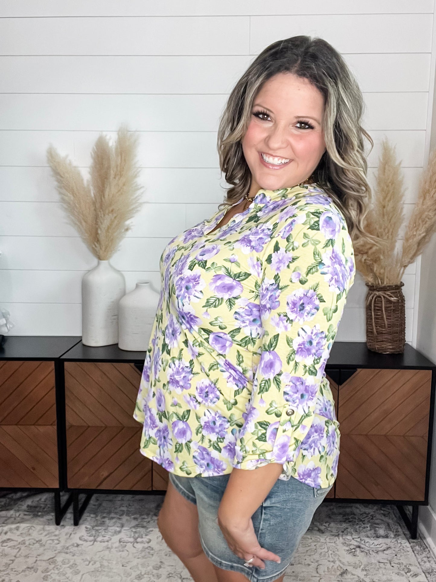 "Stealthy" Floral 3/4 Sleeve Split Neck Tops