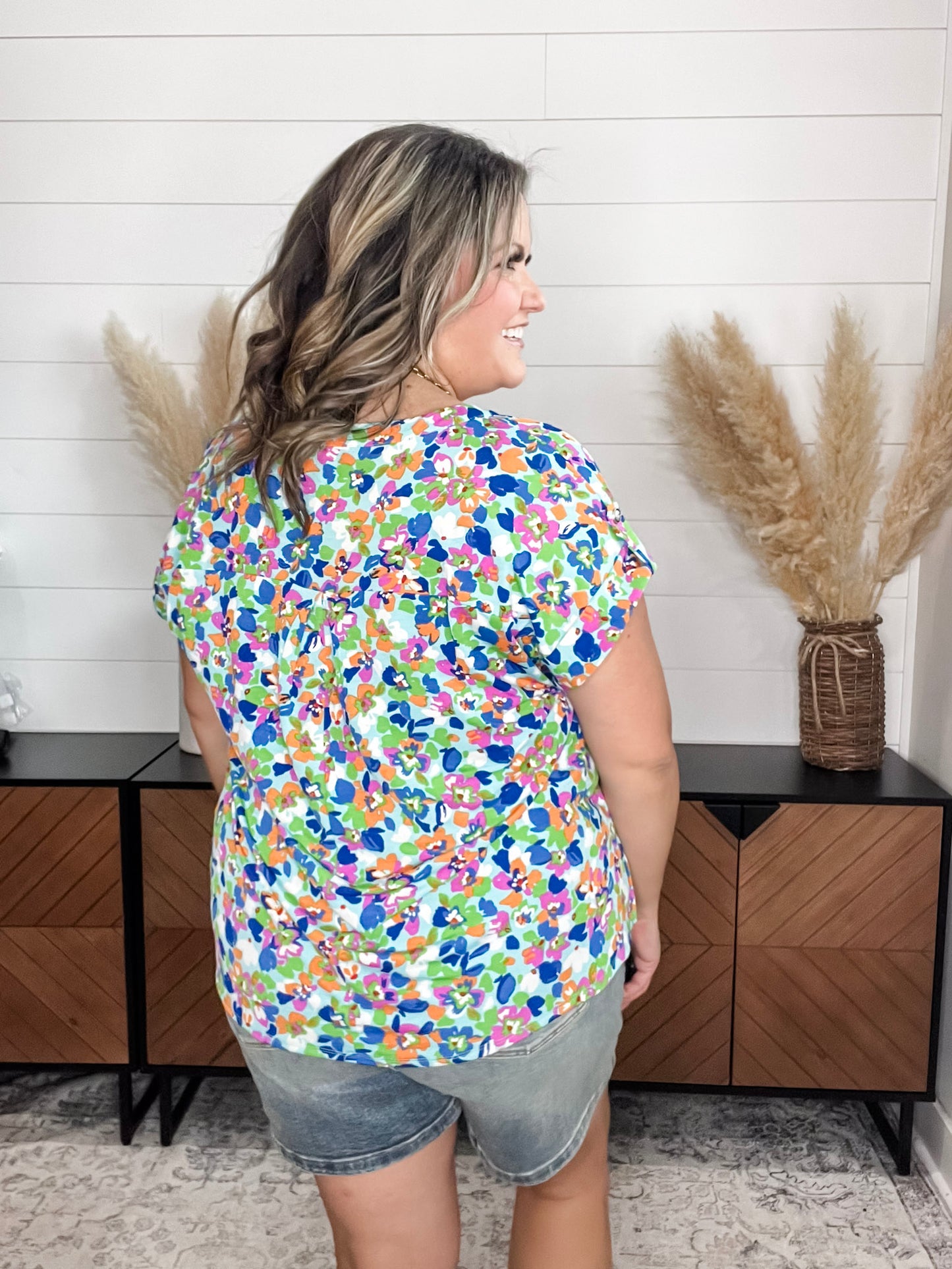 "Smack Dab" Split Neck Cuffed Short Sleeve