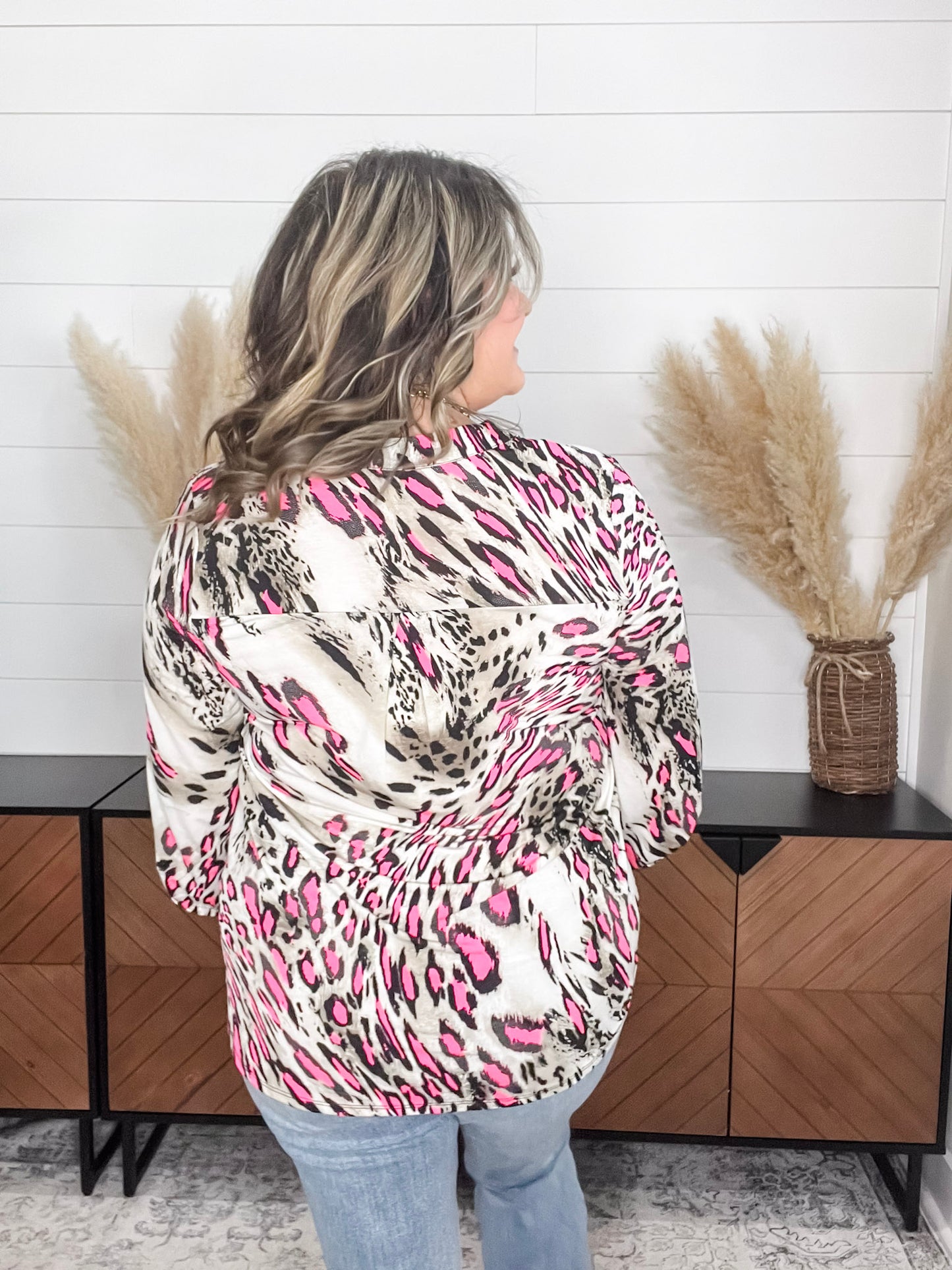 "Distinctive" Animal Print Lizzy 3/4 Sleeve Split Neck