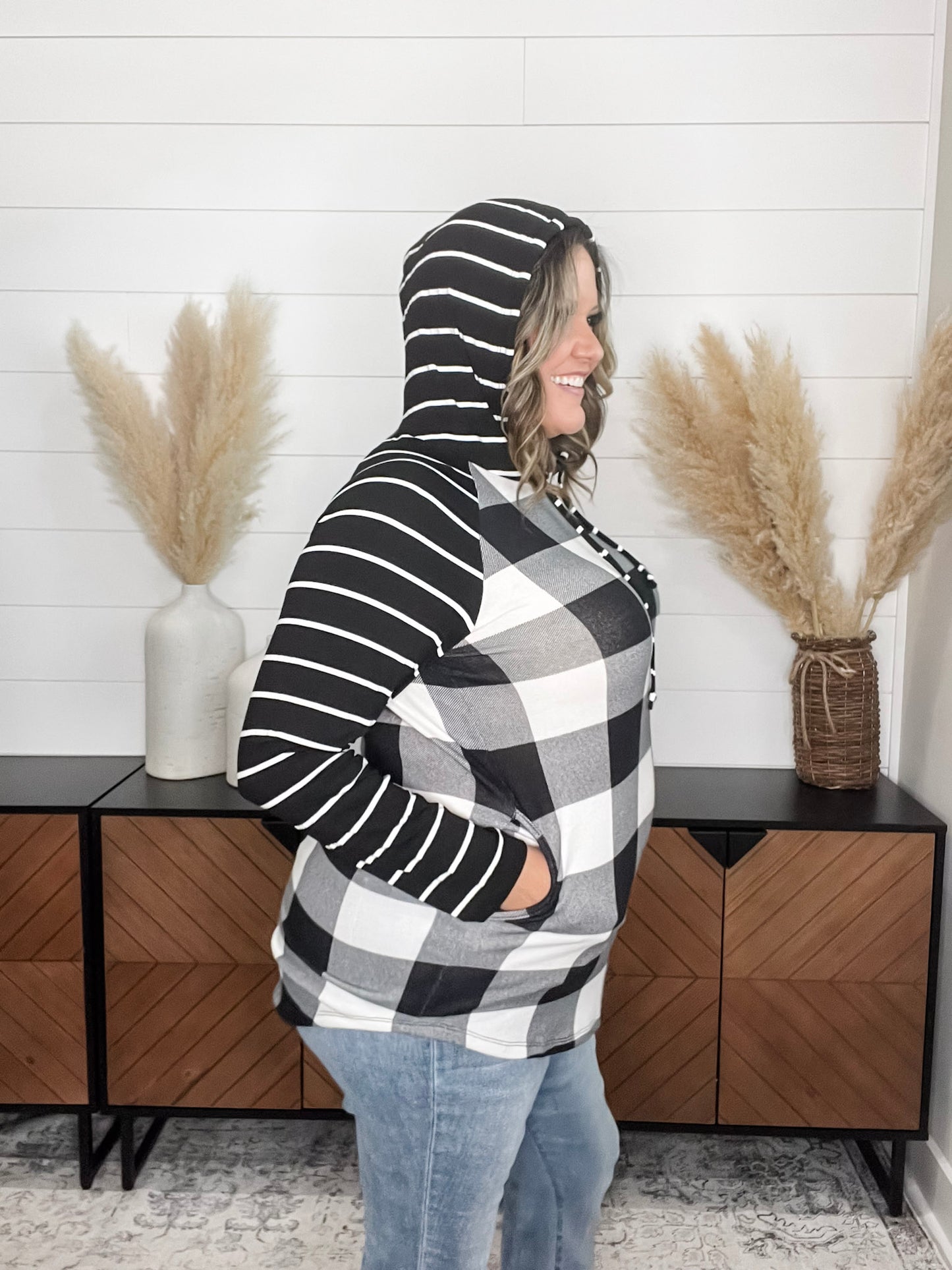 "Crystal" Light Weight Hoodie with Stripe Sleeve (Black & White Plaid)