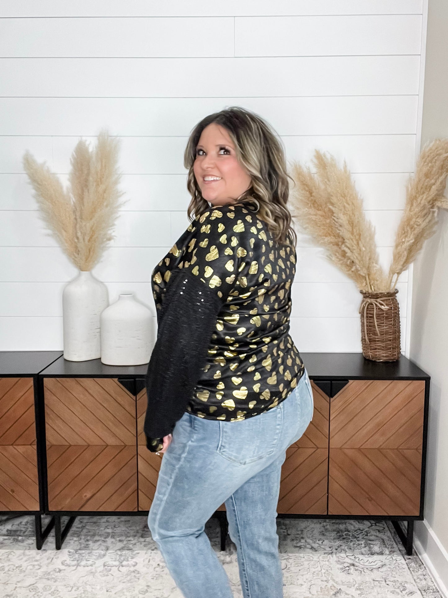 "Golden" Long Sequin Sleeved Top with Foil Hearts