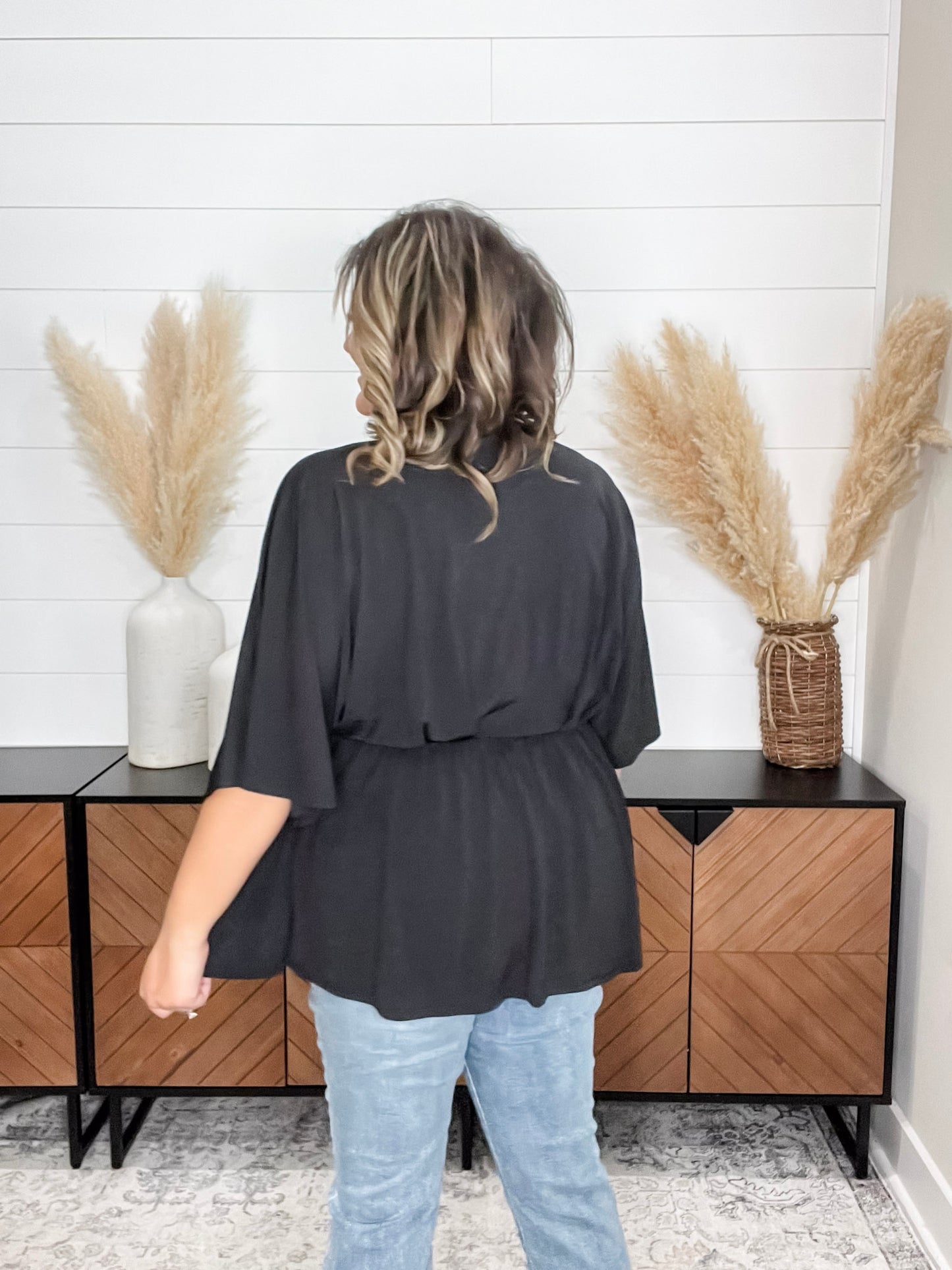 "Here We Go Again" V Neck 3/4 Bell Sleeve (Black)
