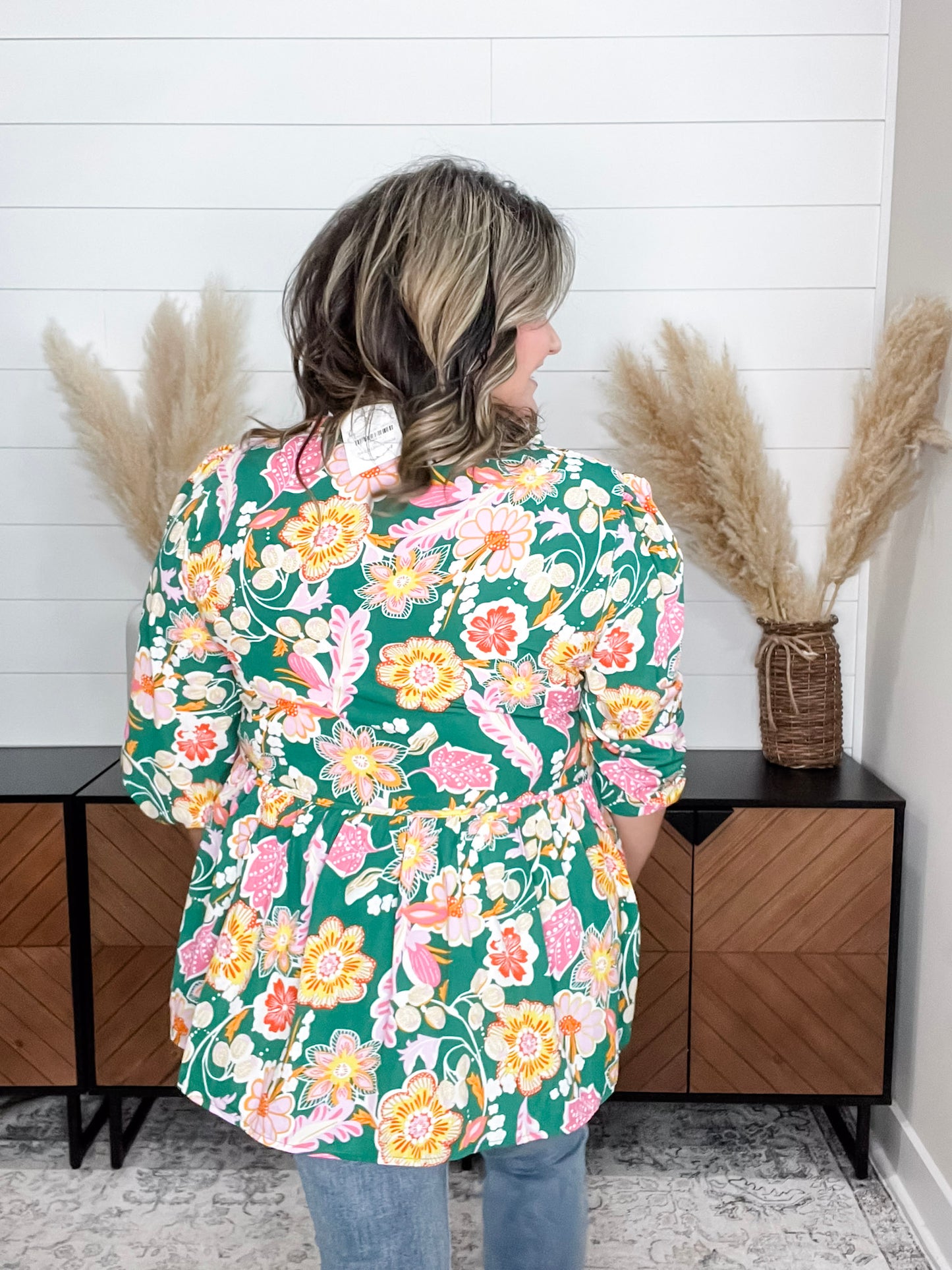 "Highland" 3/4 Sleeve Peplum with Front Tie
