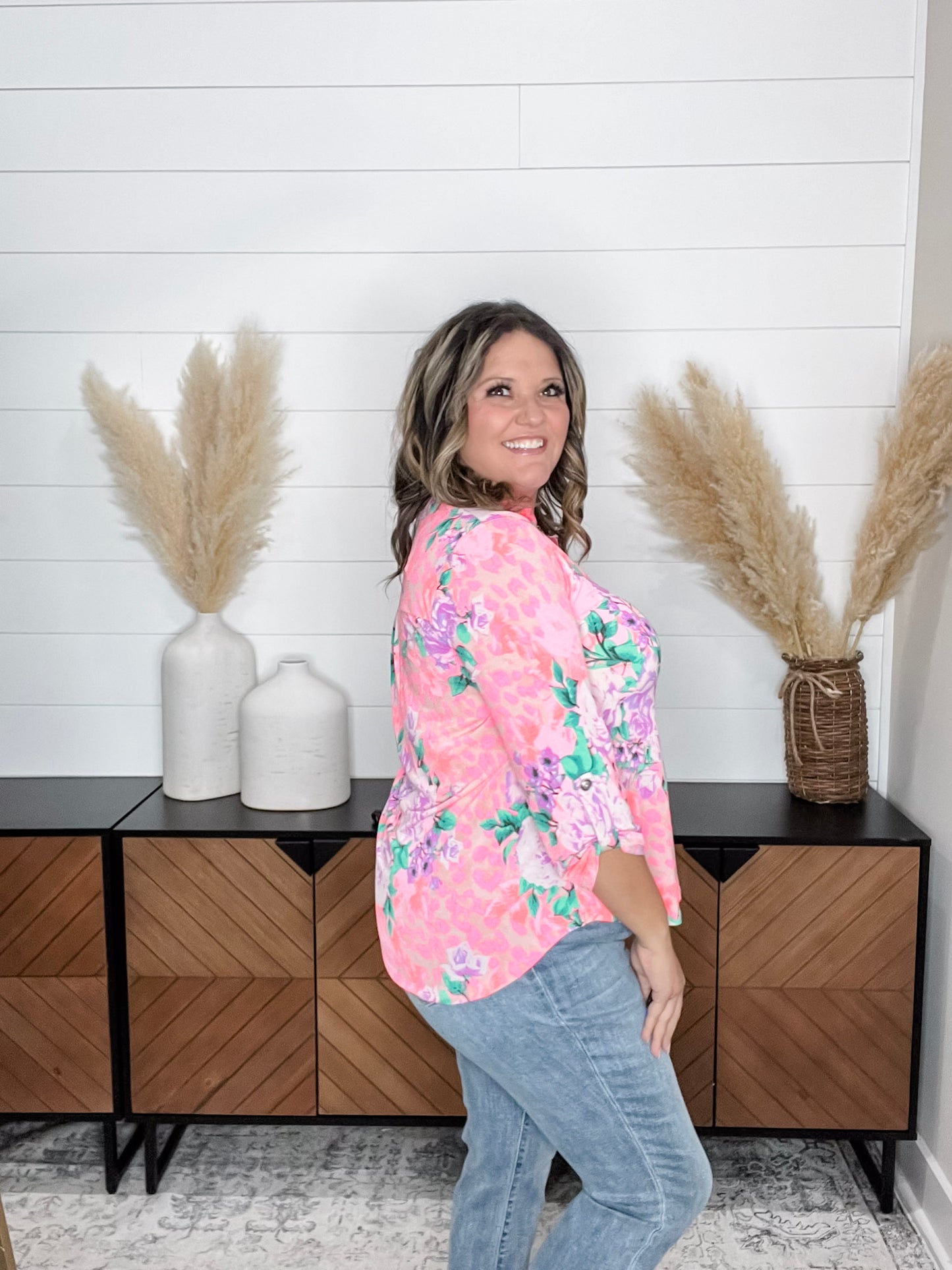 "Inclined" Floral 3/4 Sleeve Split Neck Tops