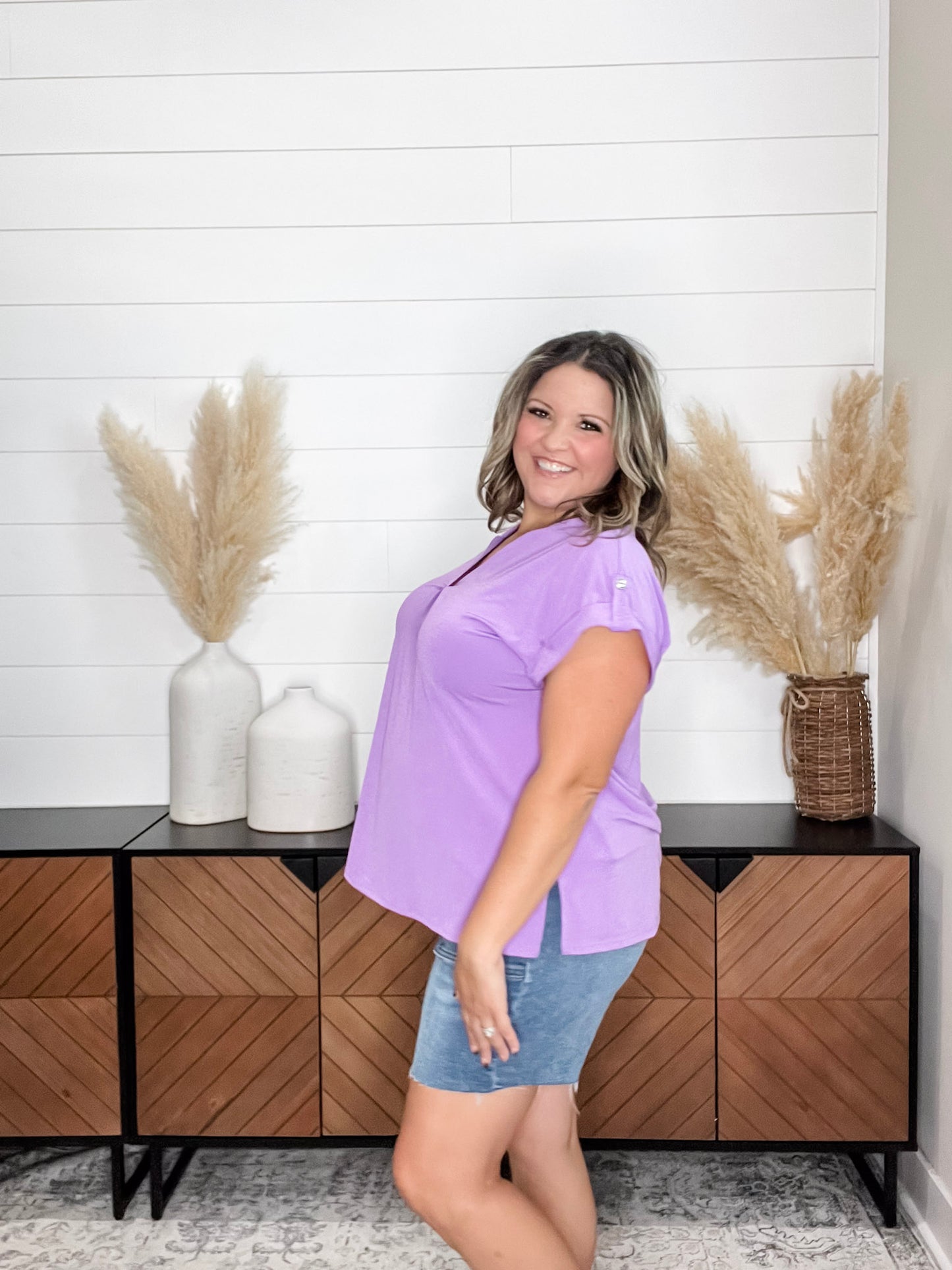 "Dare" Solid Split Neck Cuffed Short Sleeve (Lavender)